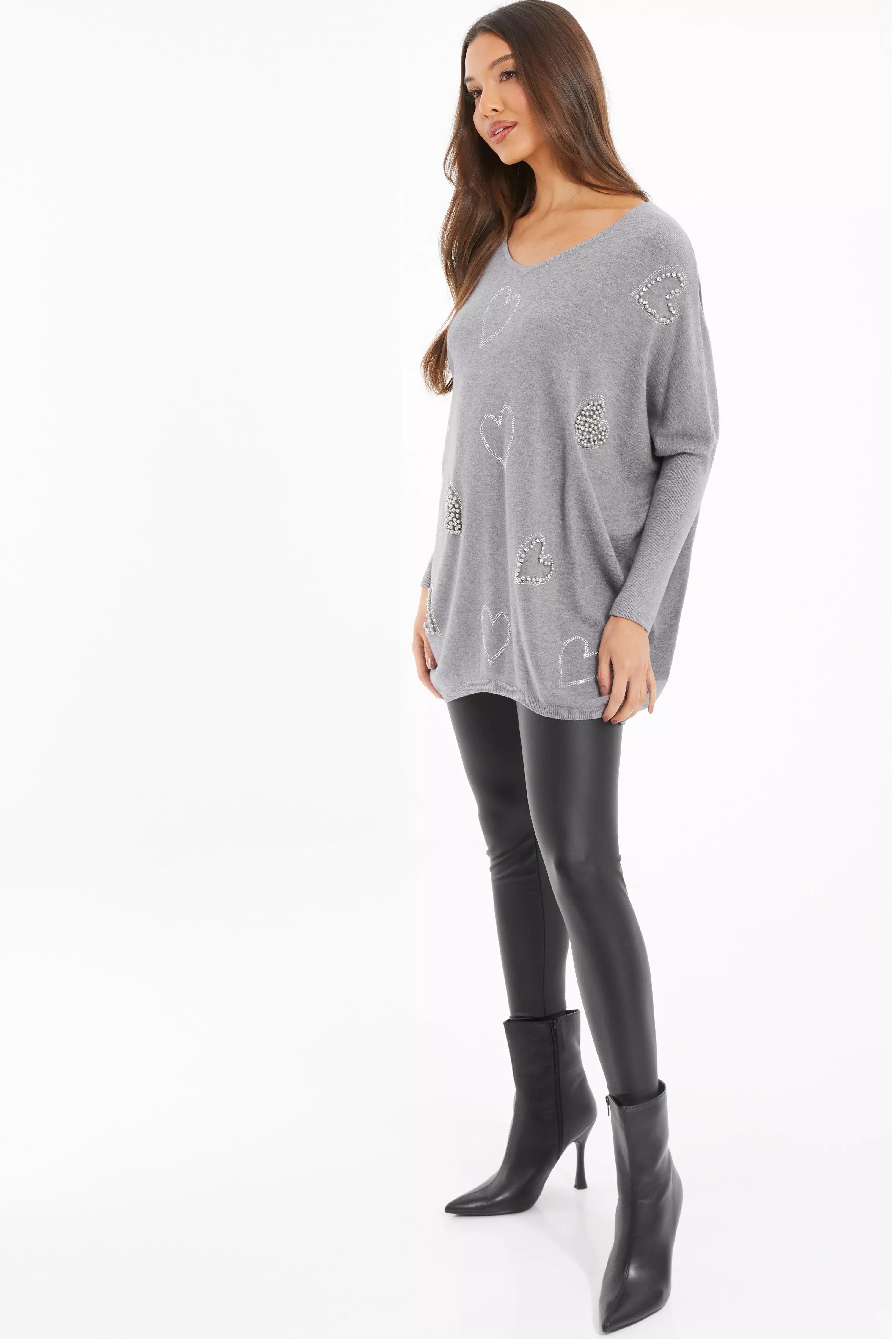 Grey Diamante Heart Jumper