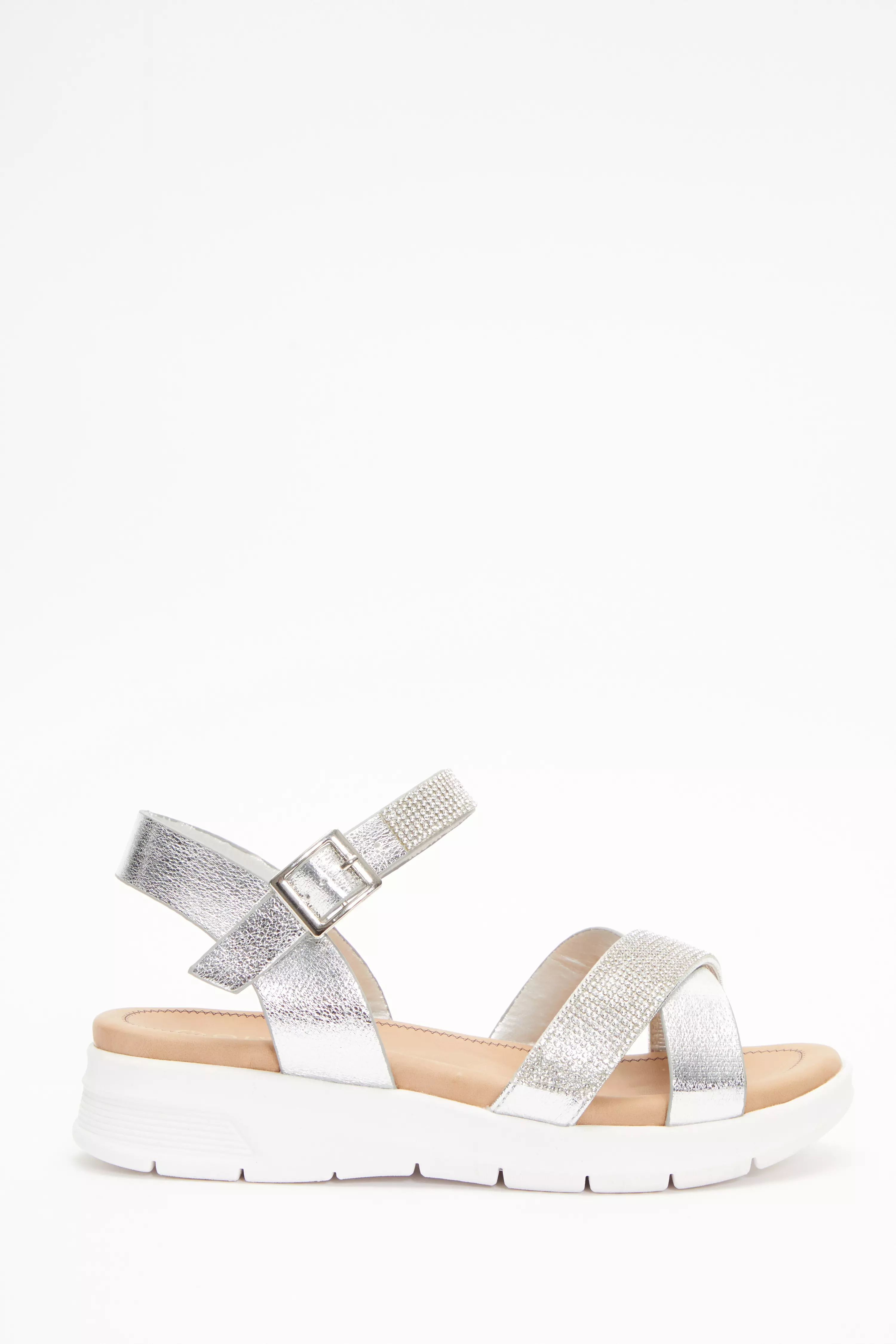 Wide Fit Silver Diamante Strap Sandals