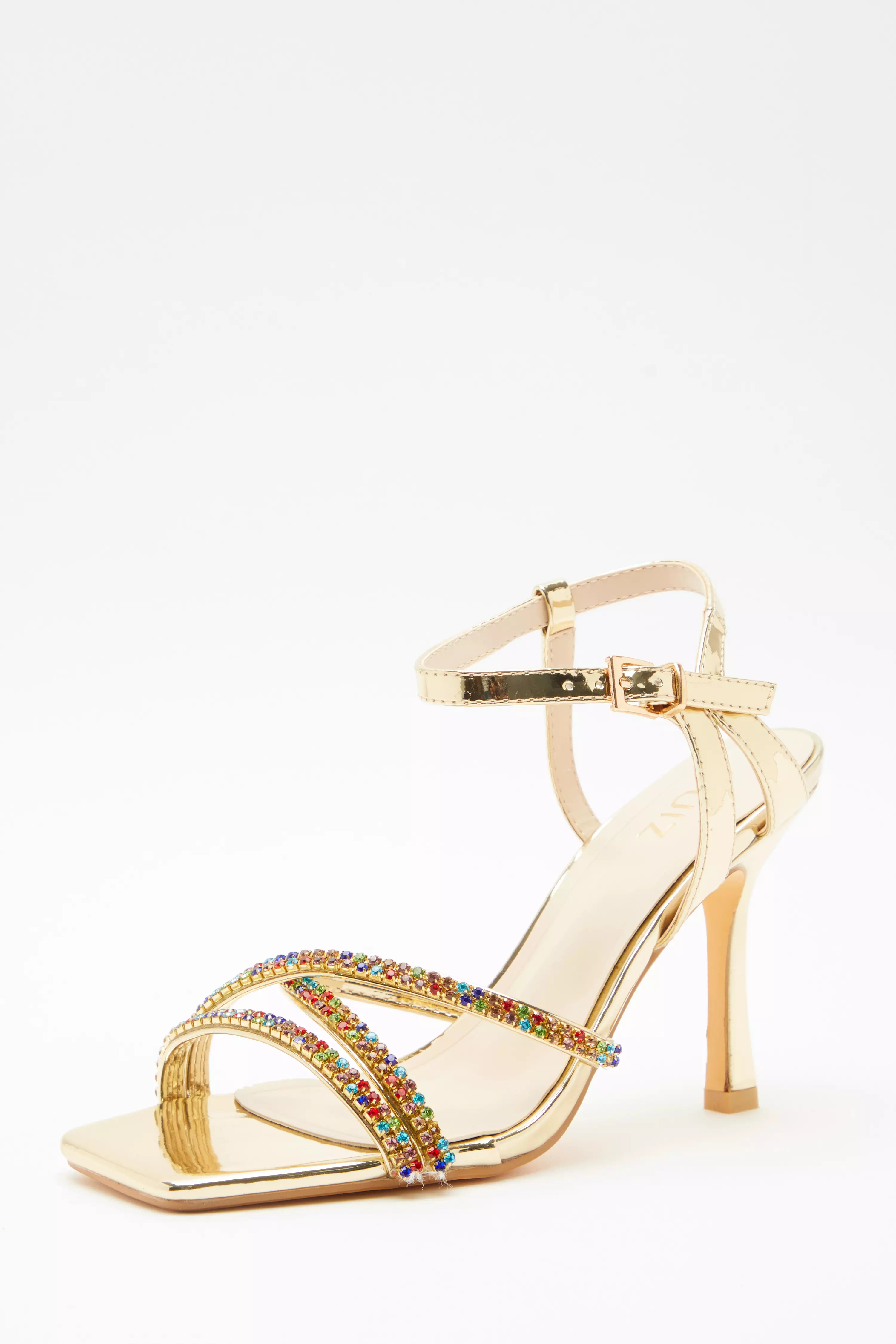 Gold Multicoloured Diamante Trim Heeled Sandals