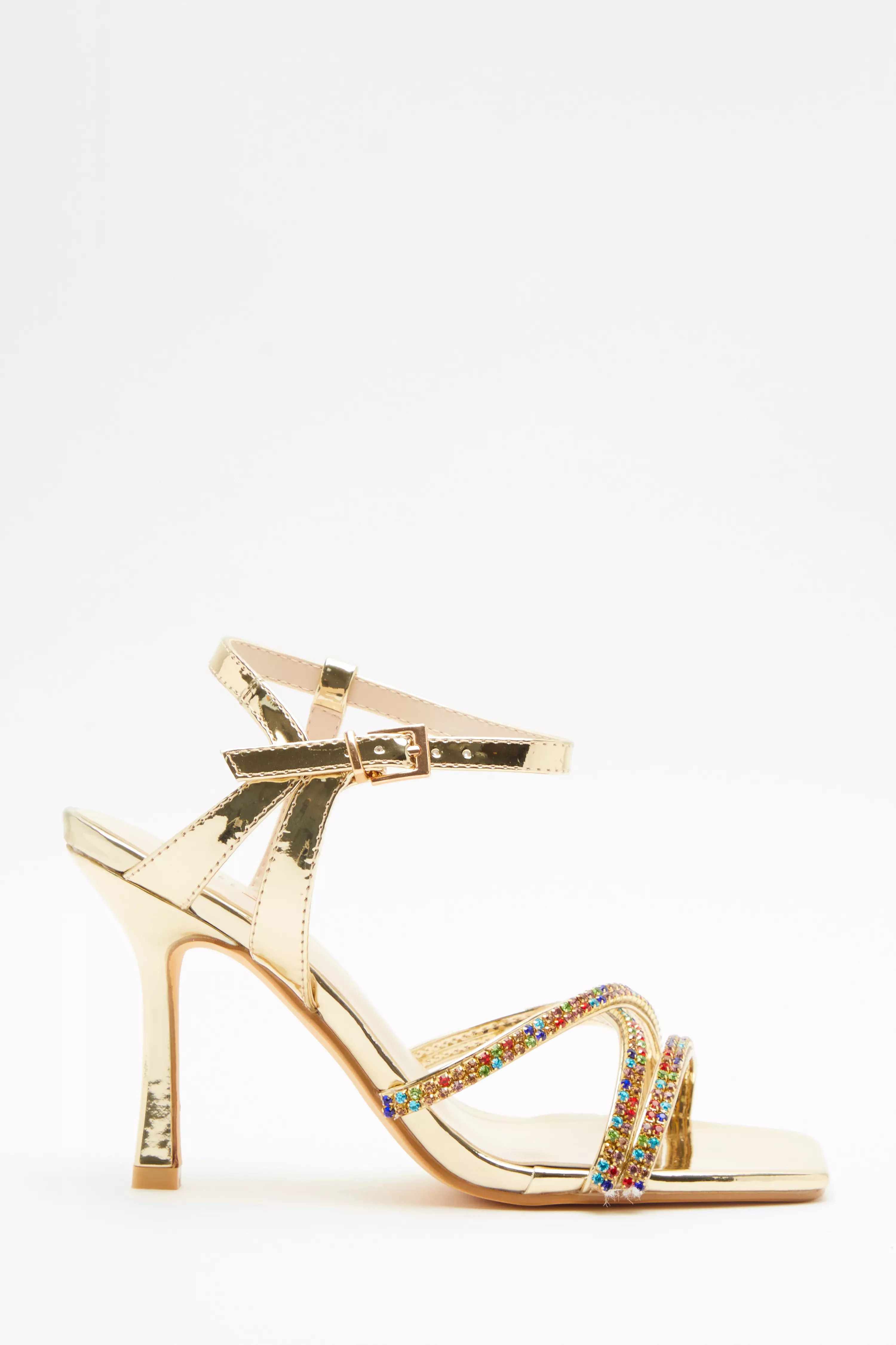 Gold Multicoloured Diamante Trim Heeled Sandals