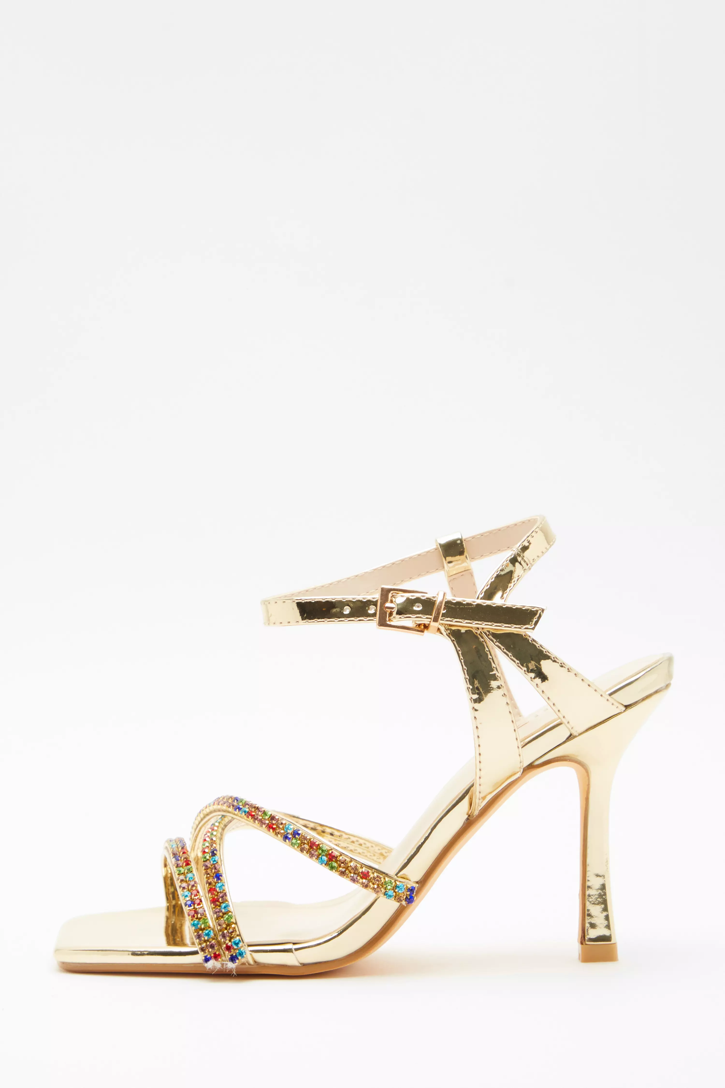 Gold Multicoloured Diamante Trim Heeled Sandals