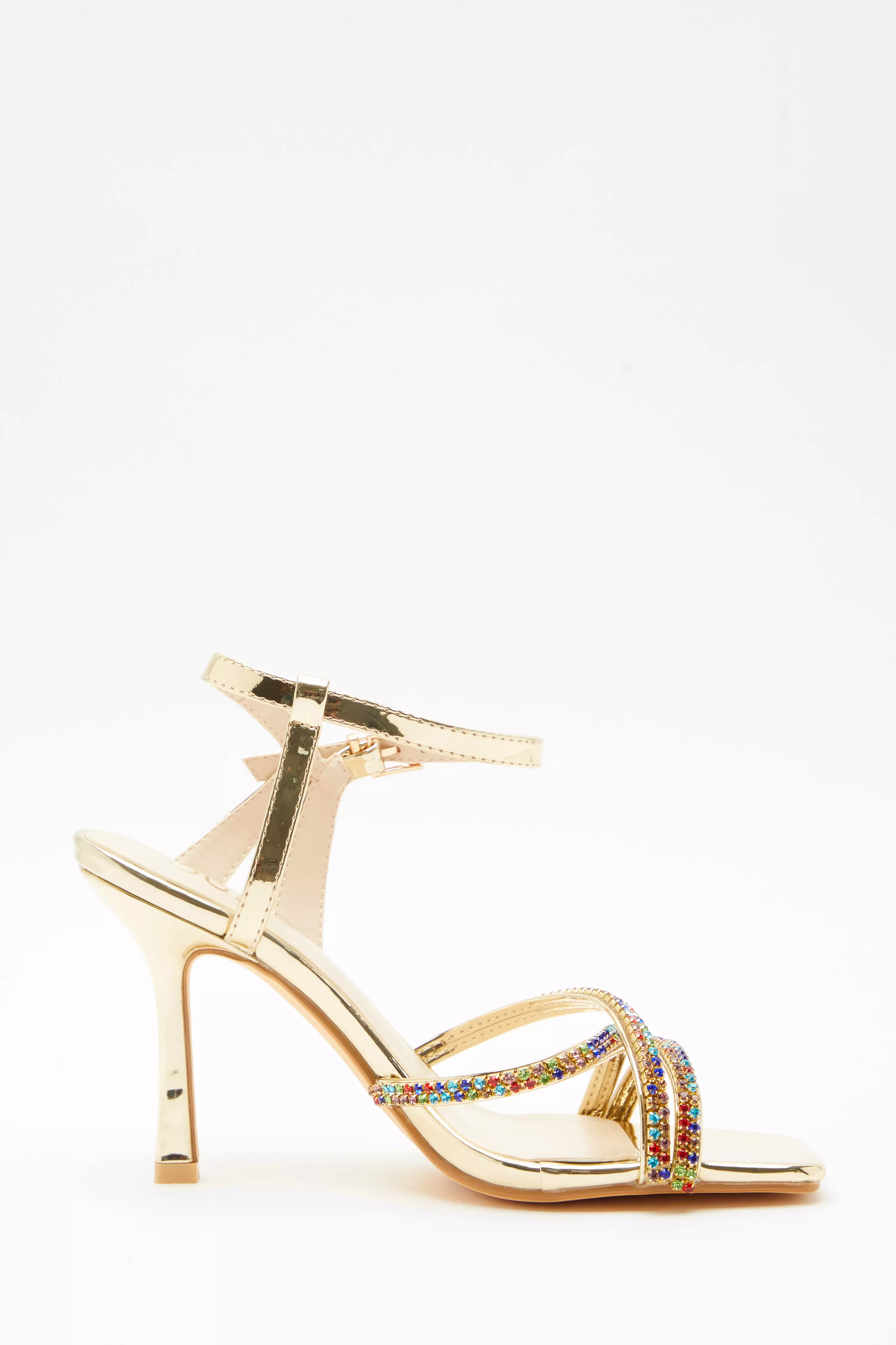 Gold Multicoloured Diamante Trim Heeled Sandals