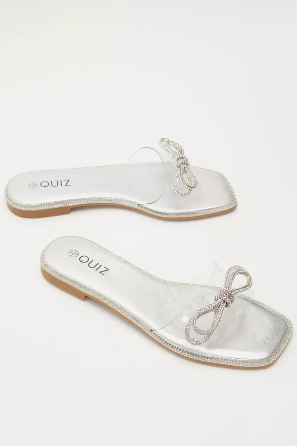 Silver Diamante Bow Flat Sandals