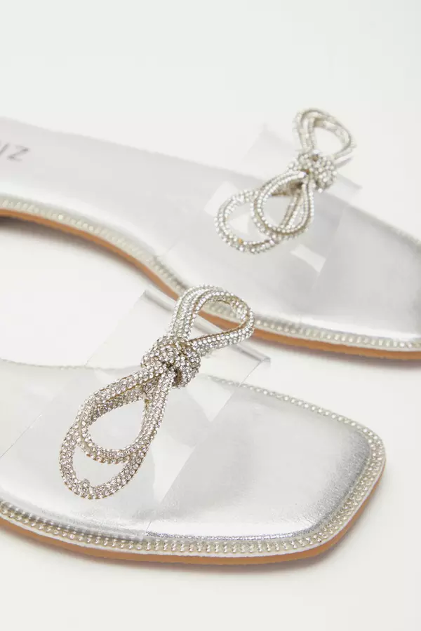 Silver Diamante Bow Flat Sandals