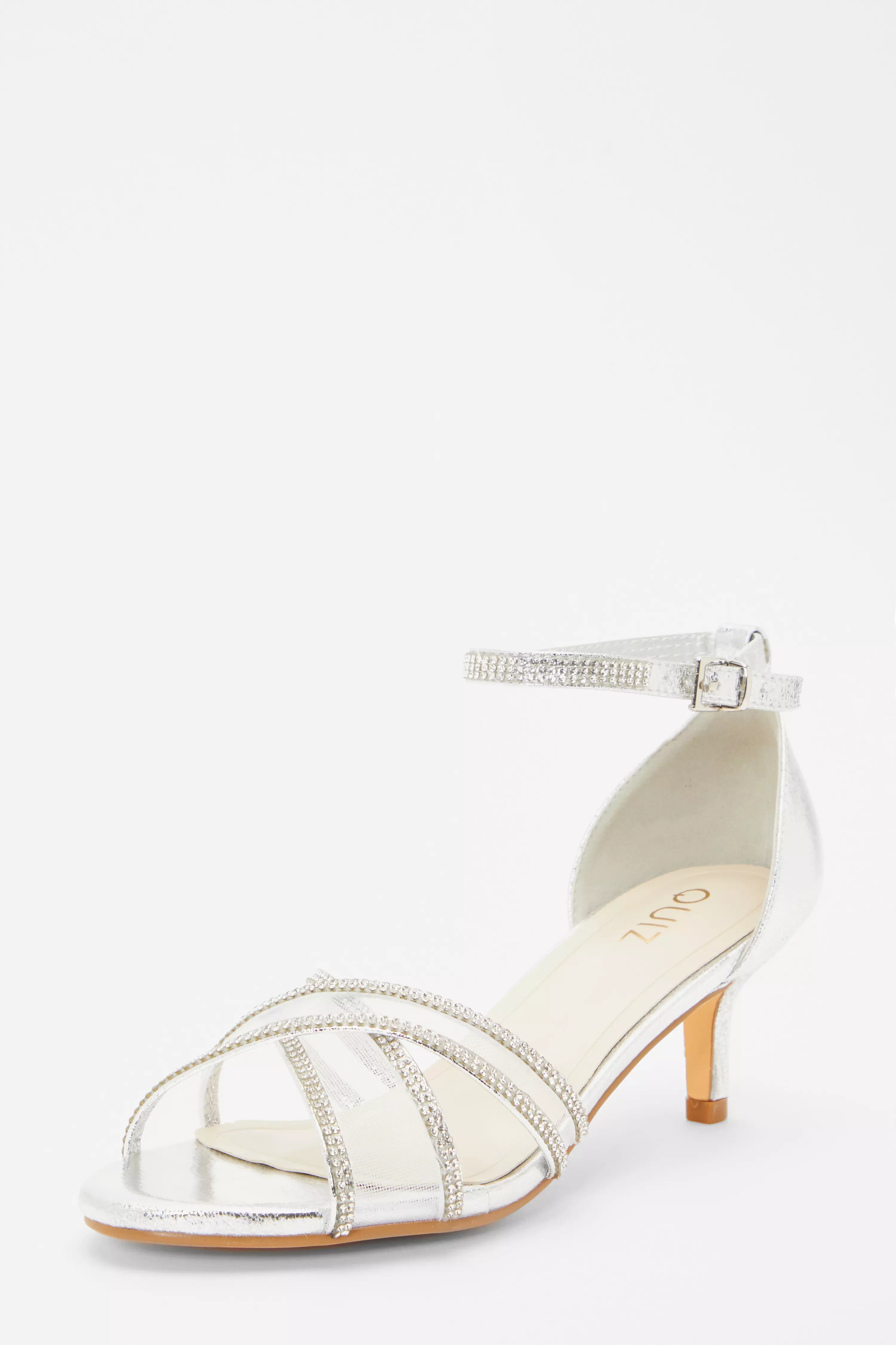 Silver Foil Diamante Cross Strap Low Heels