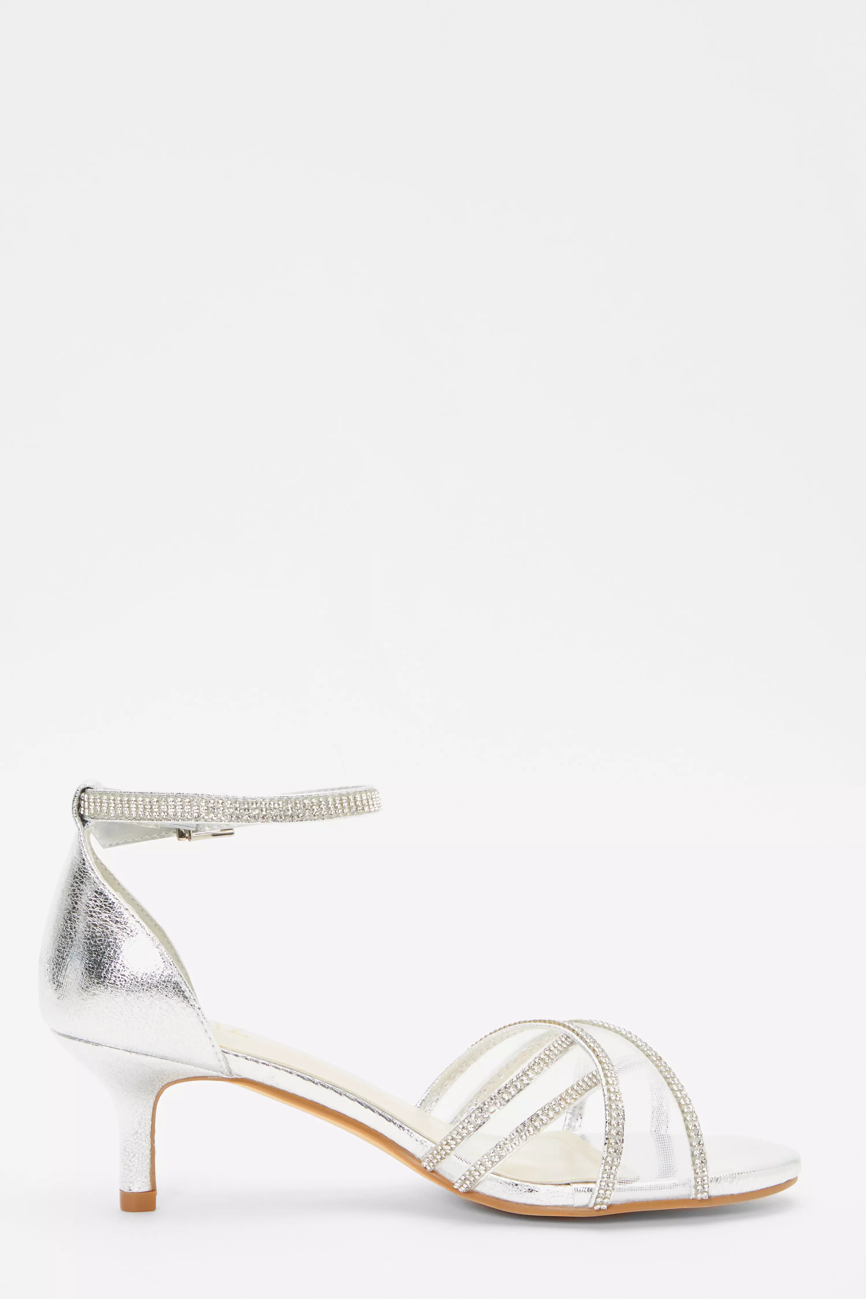 Silver Foil Diamante Cross Strap Low Heels