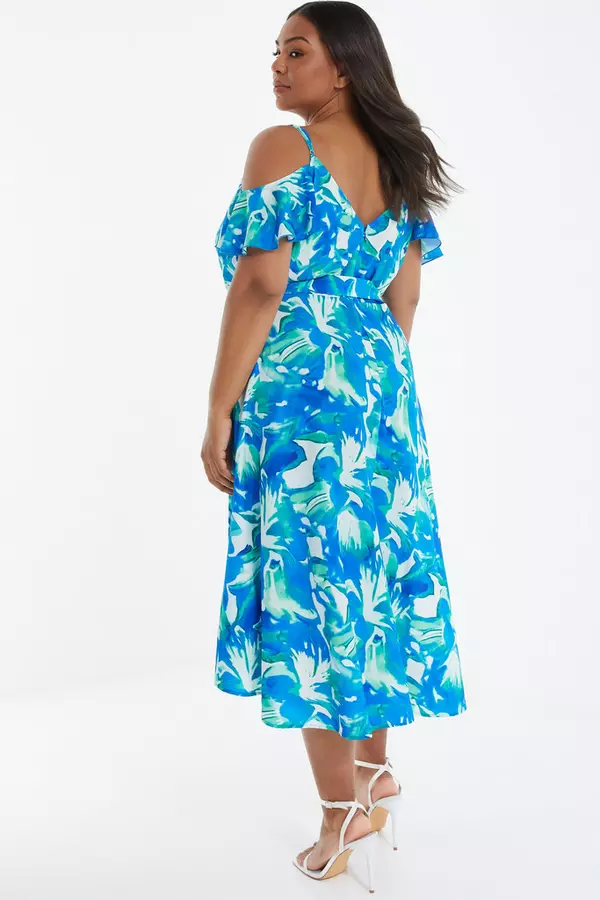Curve Blue Tropical Print Midi Dress