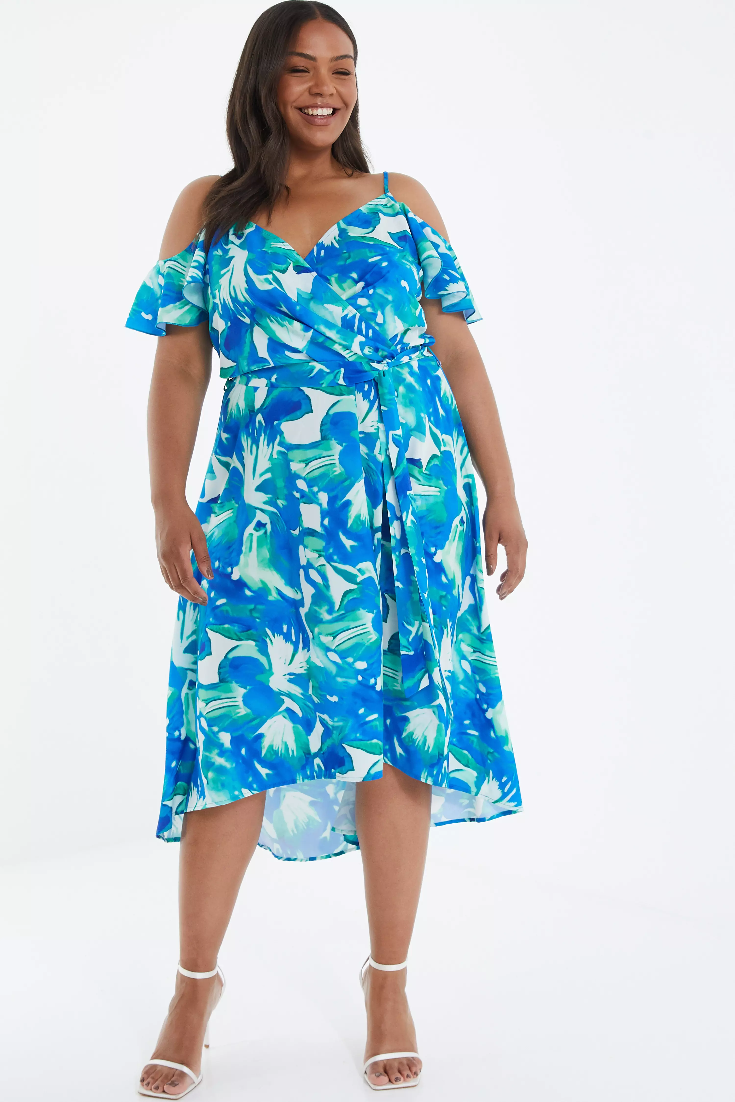 Curve Blue Tropical Print Midi Dress