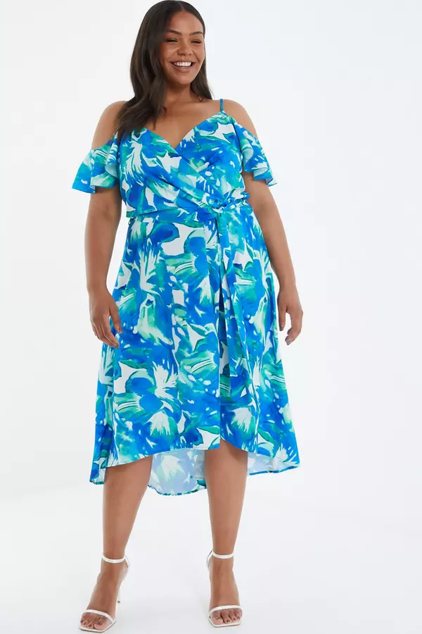 Curve Blue Tropical Print Midi Dress
