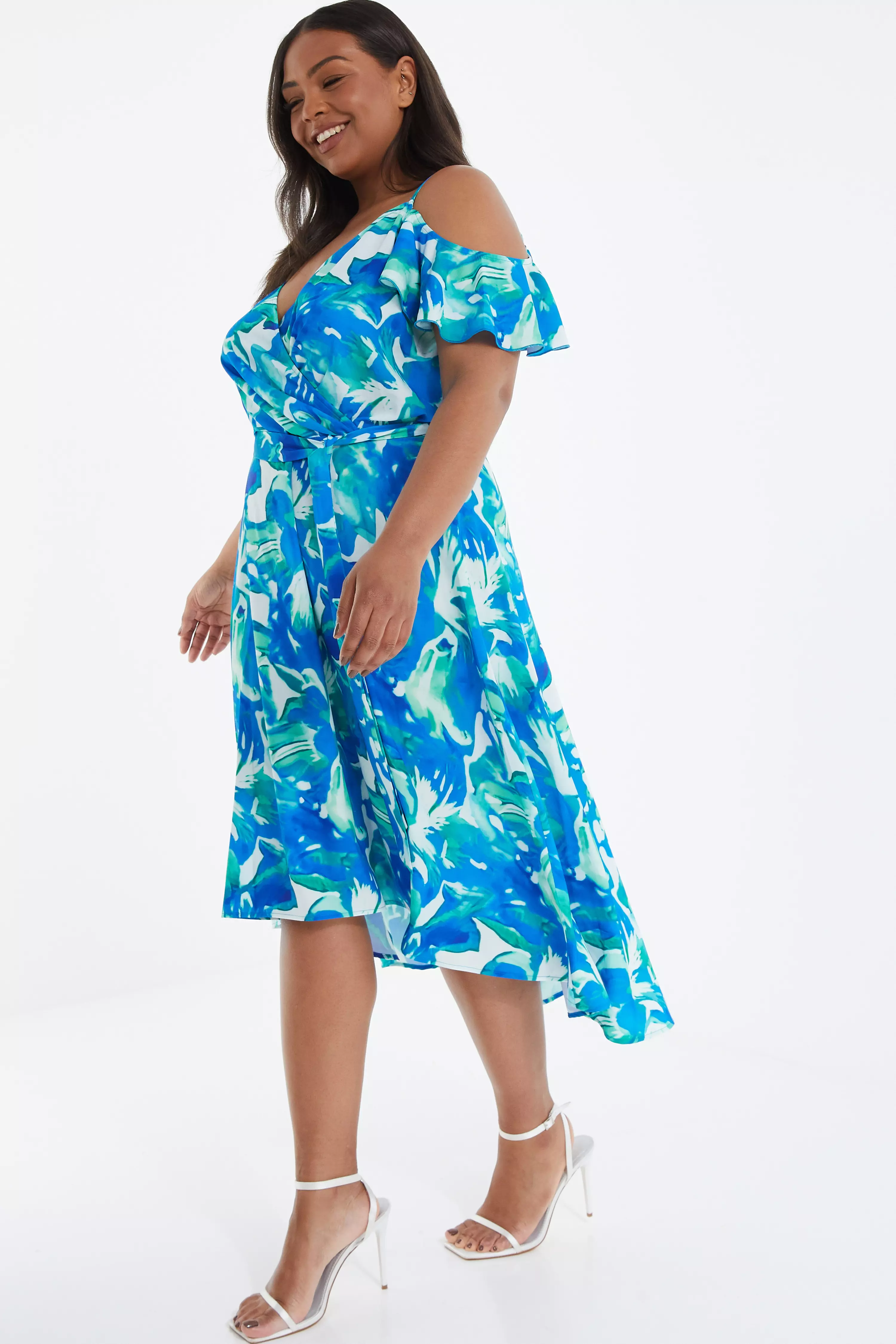 Curve Blue Tropical Print Midi Dress