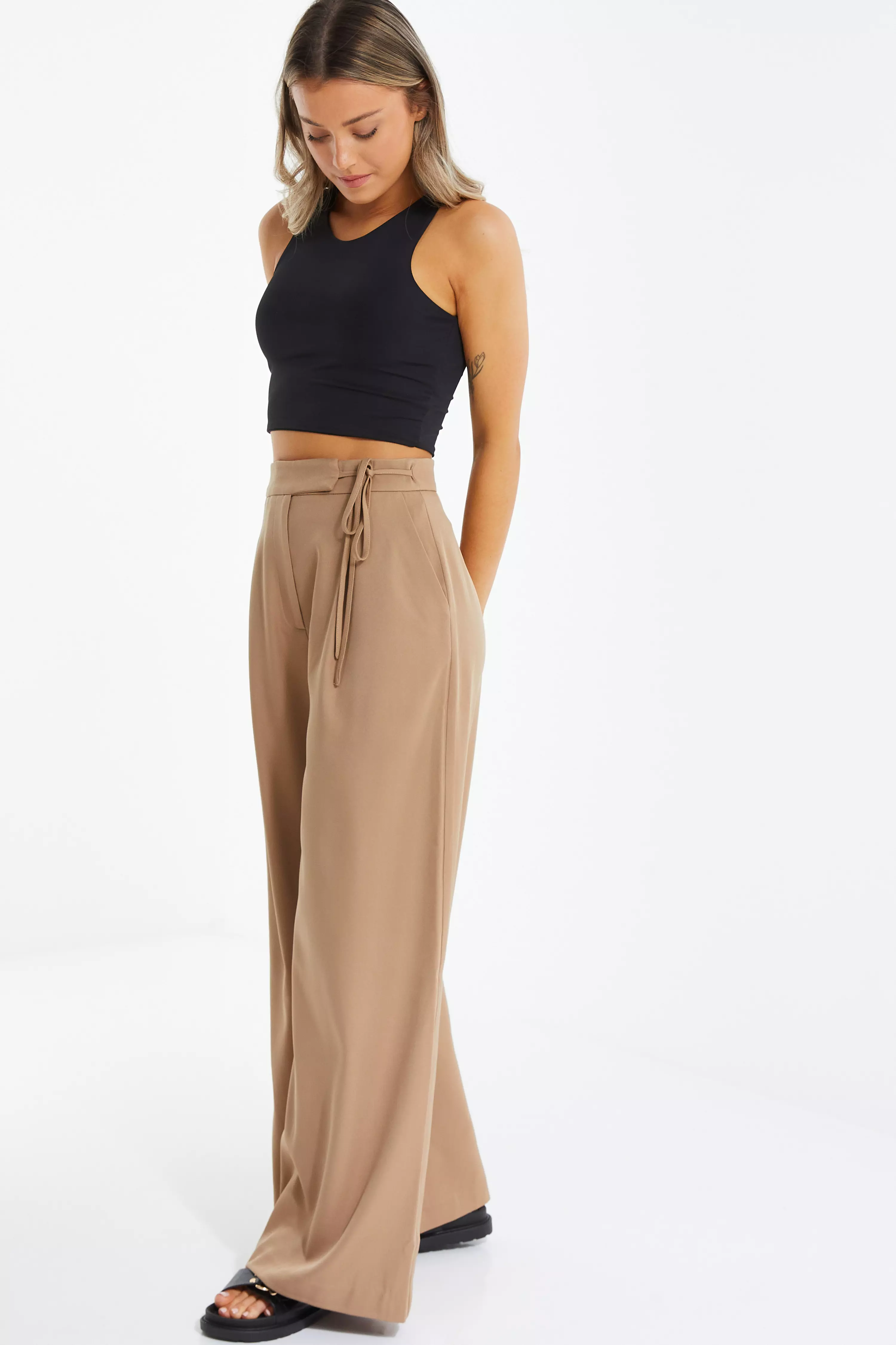 Stone High Waisted Wide Leg Trousers