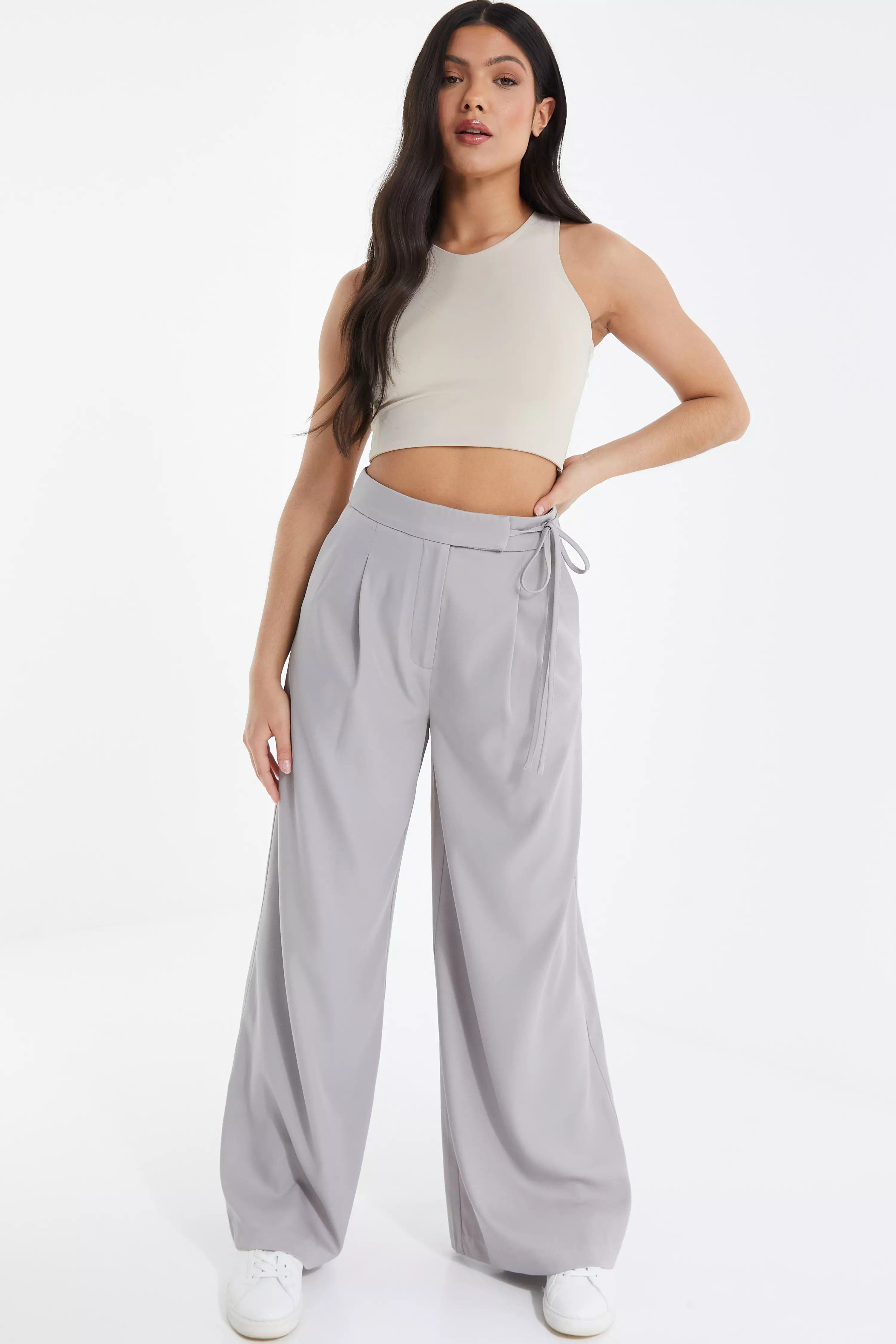 Grey High Waisted Wide Leg Trousers