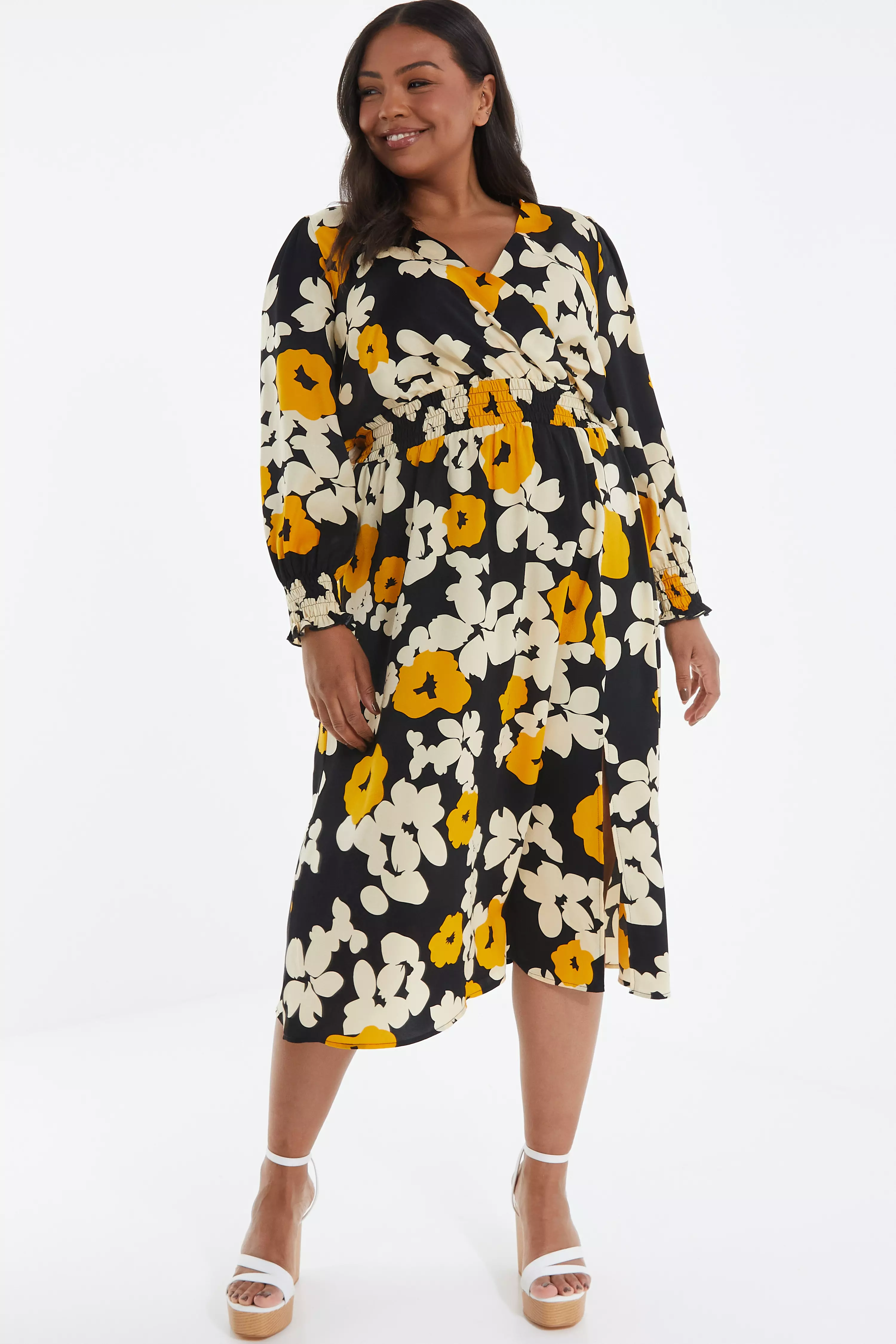 Curve Black Floral Wrap Midi Dress