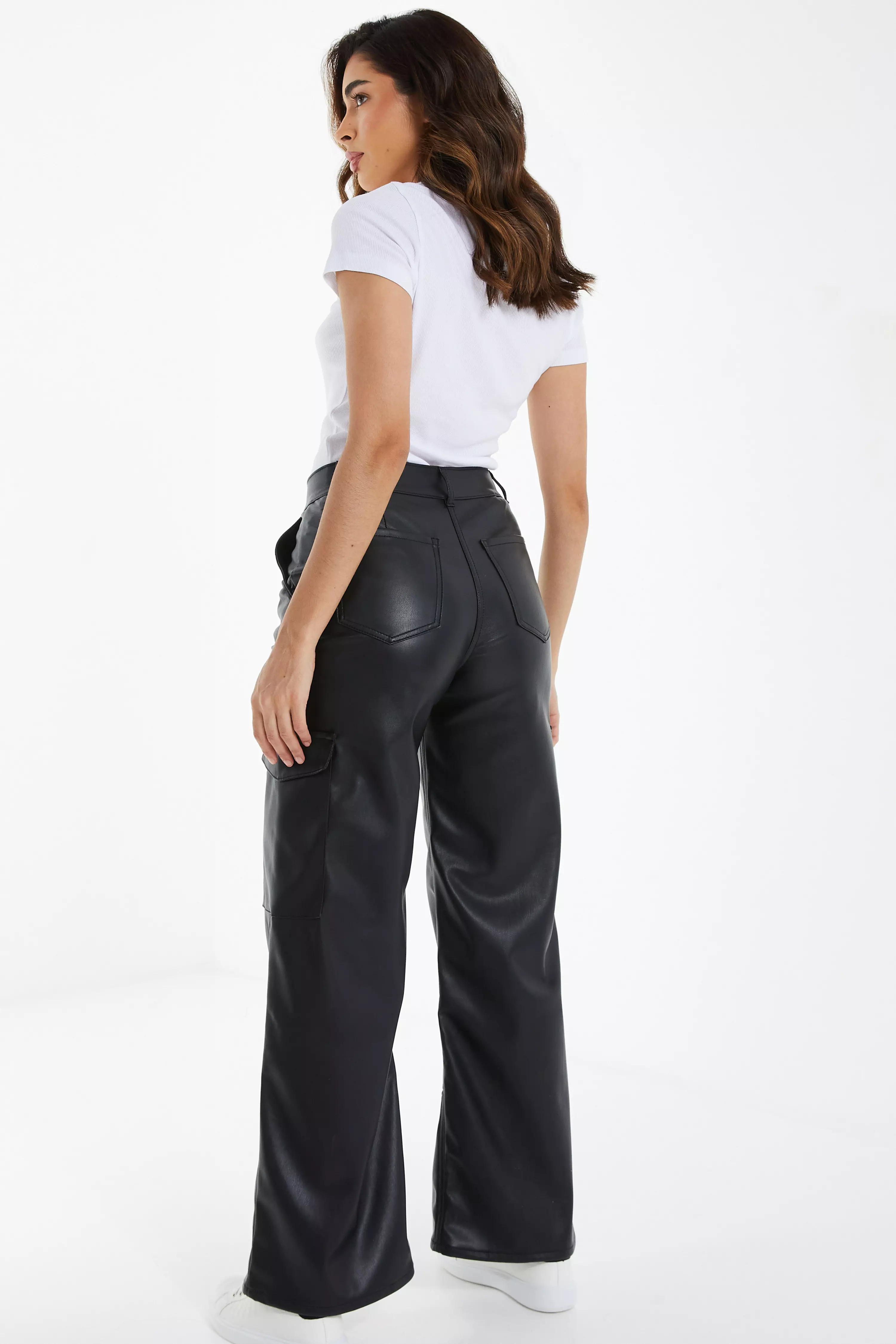 Black Faux Leather Cargo Trousers