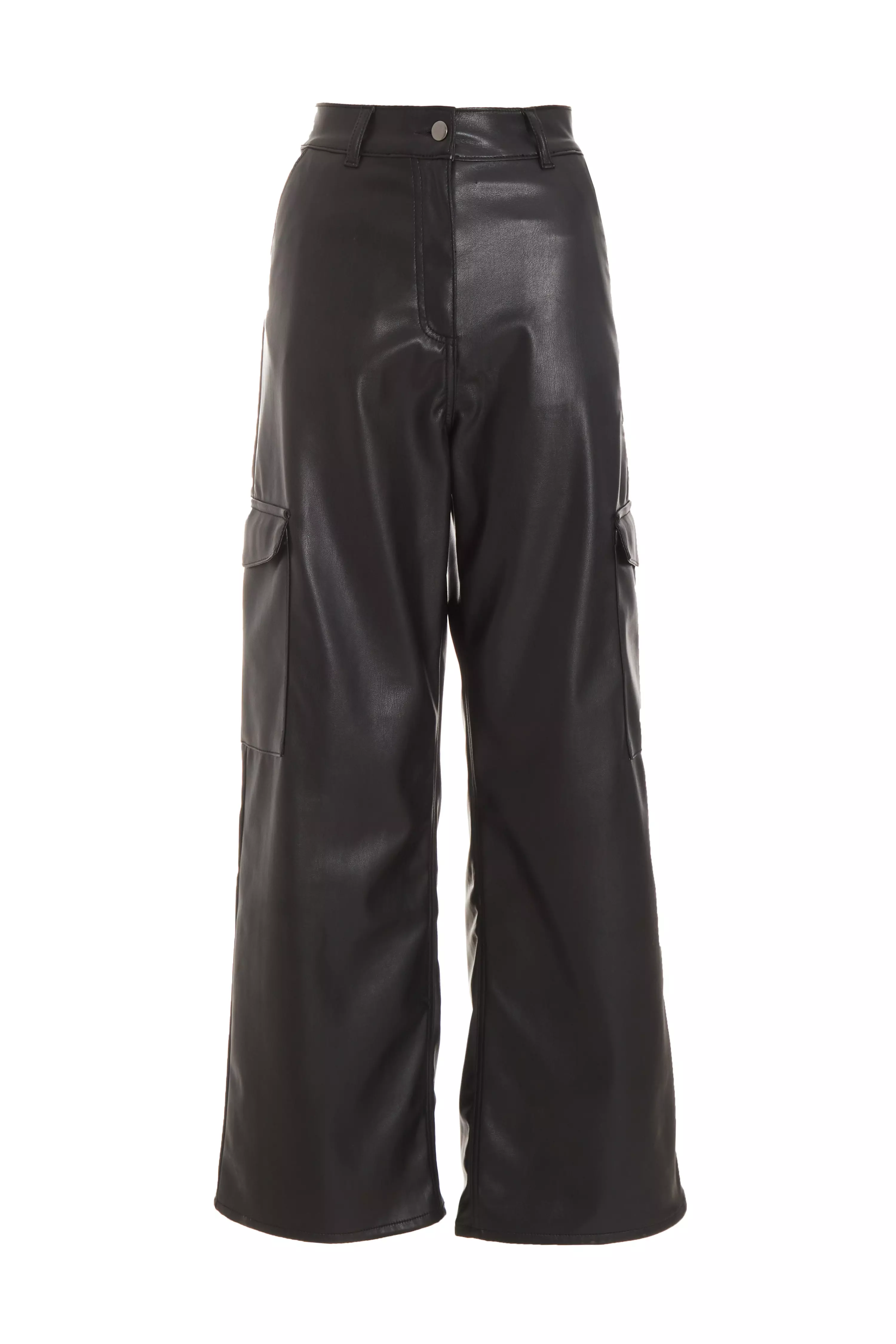 Black Faux Leather Cargo Trousers