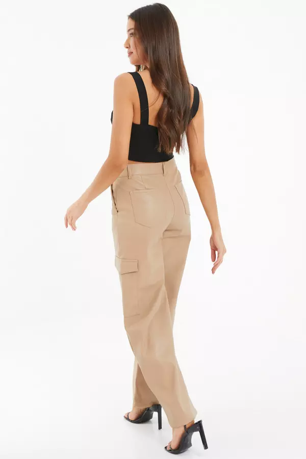Stone Faux Leather Cargo Trousers
