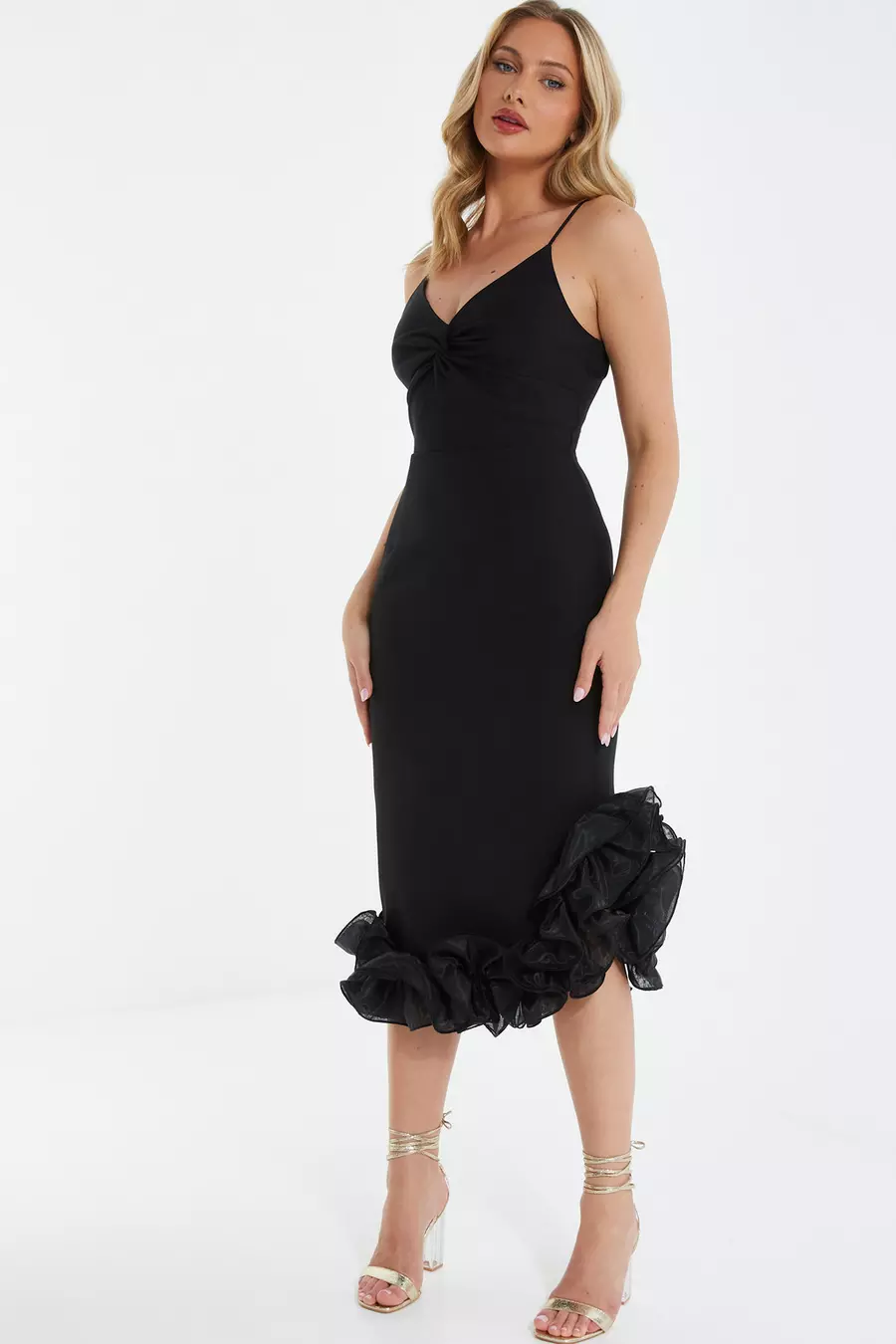 Black Ruffle Hem Bodycon Midi Dress QUIZ Clothing