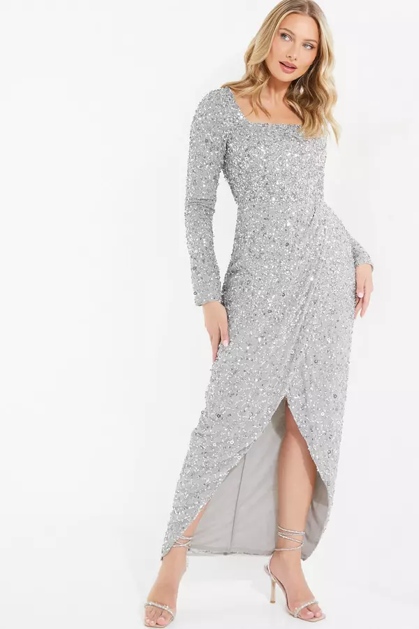 Grey Sequin Wrap Maxi Dress