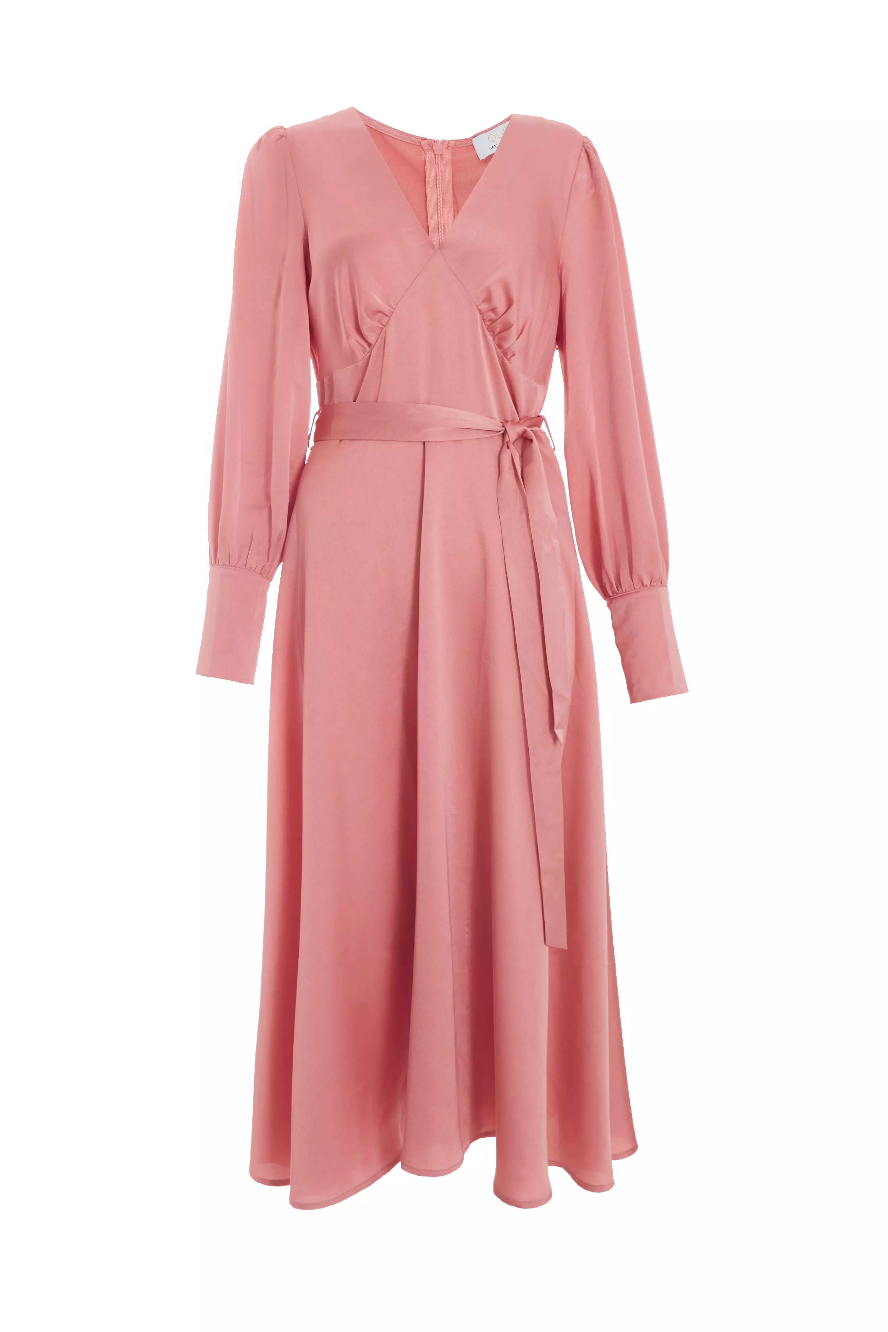 Pink Satin Long Sleeve Wrap Midi Dress
