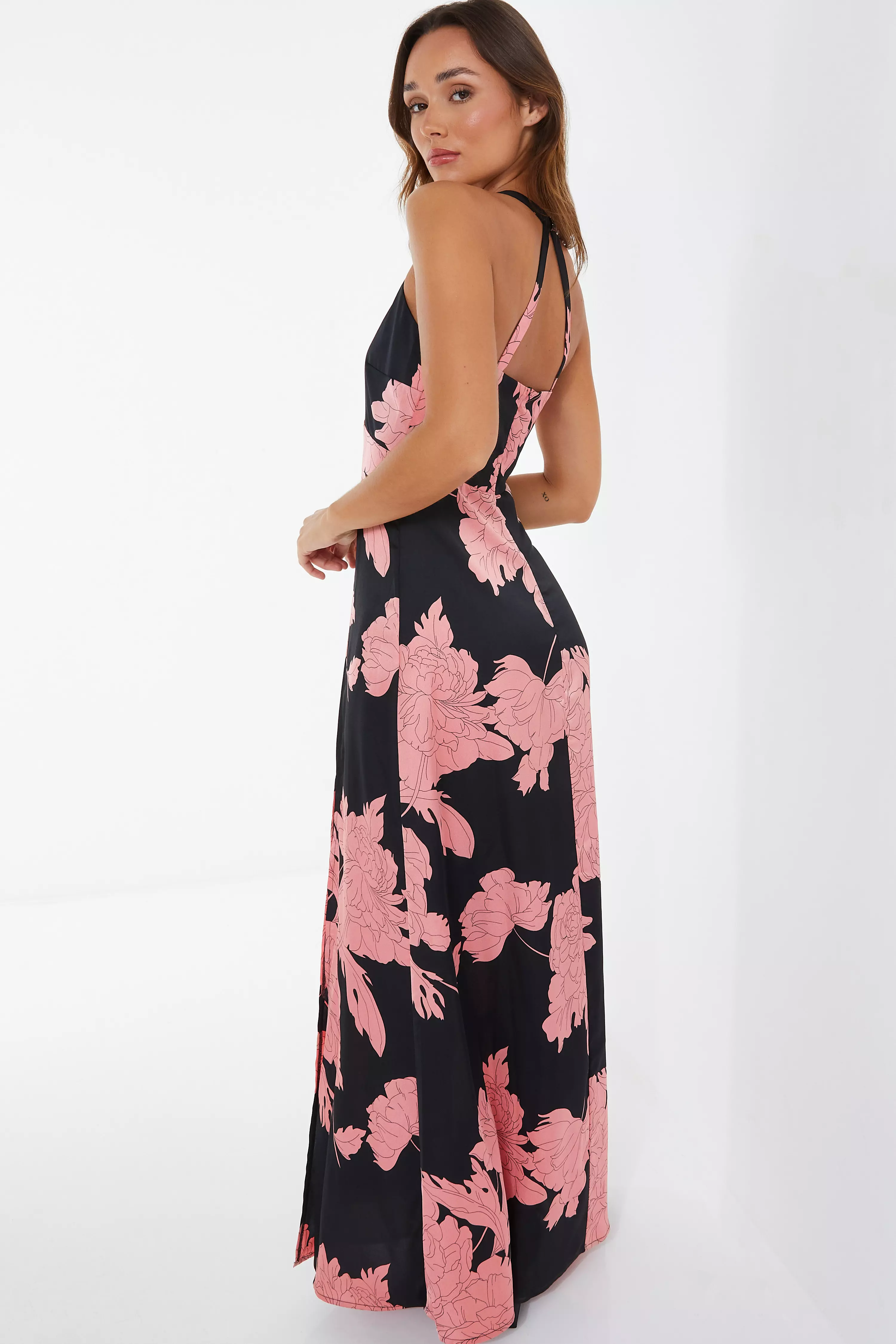 Black Floral Halter Neck Maxi Dress