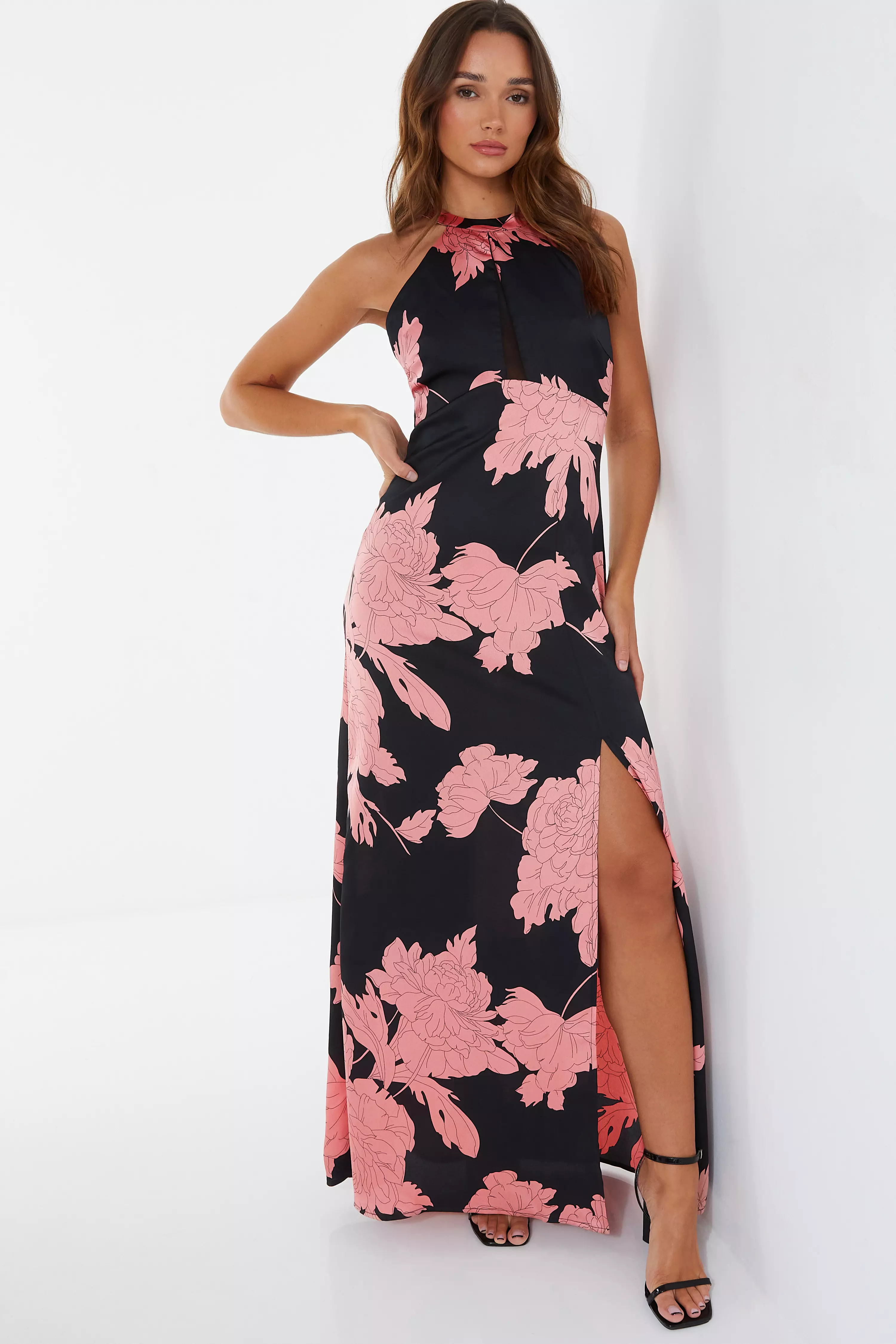 Black Floral Halter Neck Maxi Dress