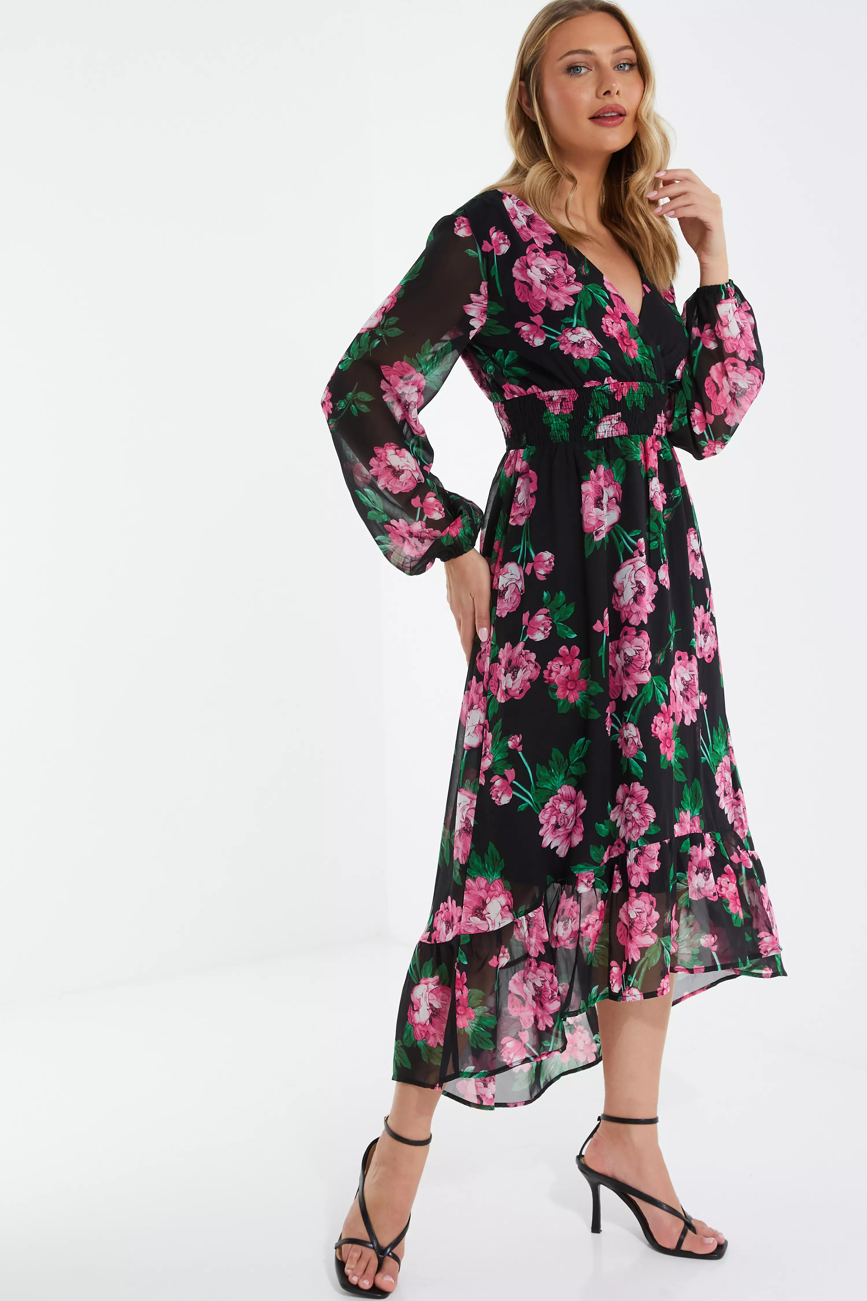 Black Floral Chiffon Midi Dress