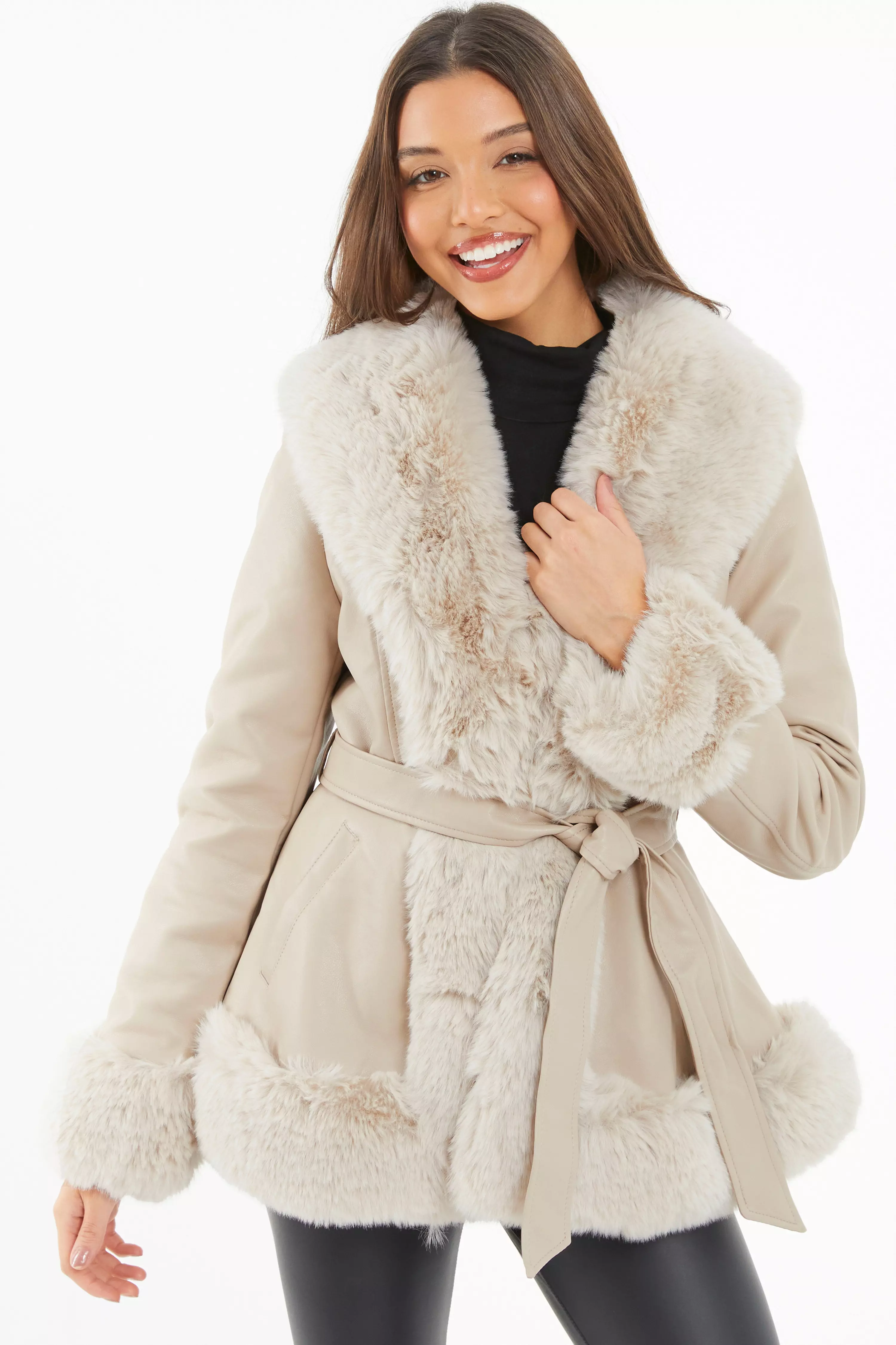 Stone Faux Fur Trim Belted Jacket