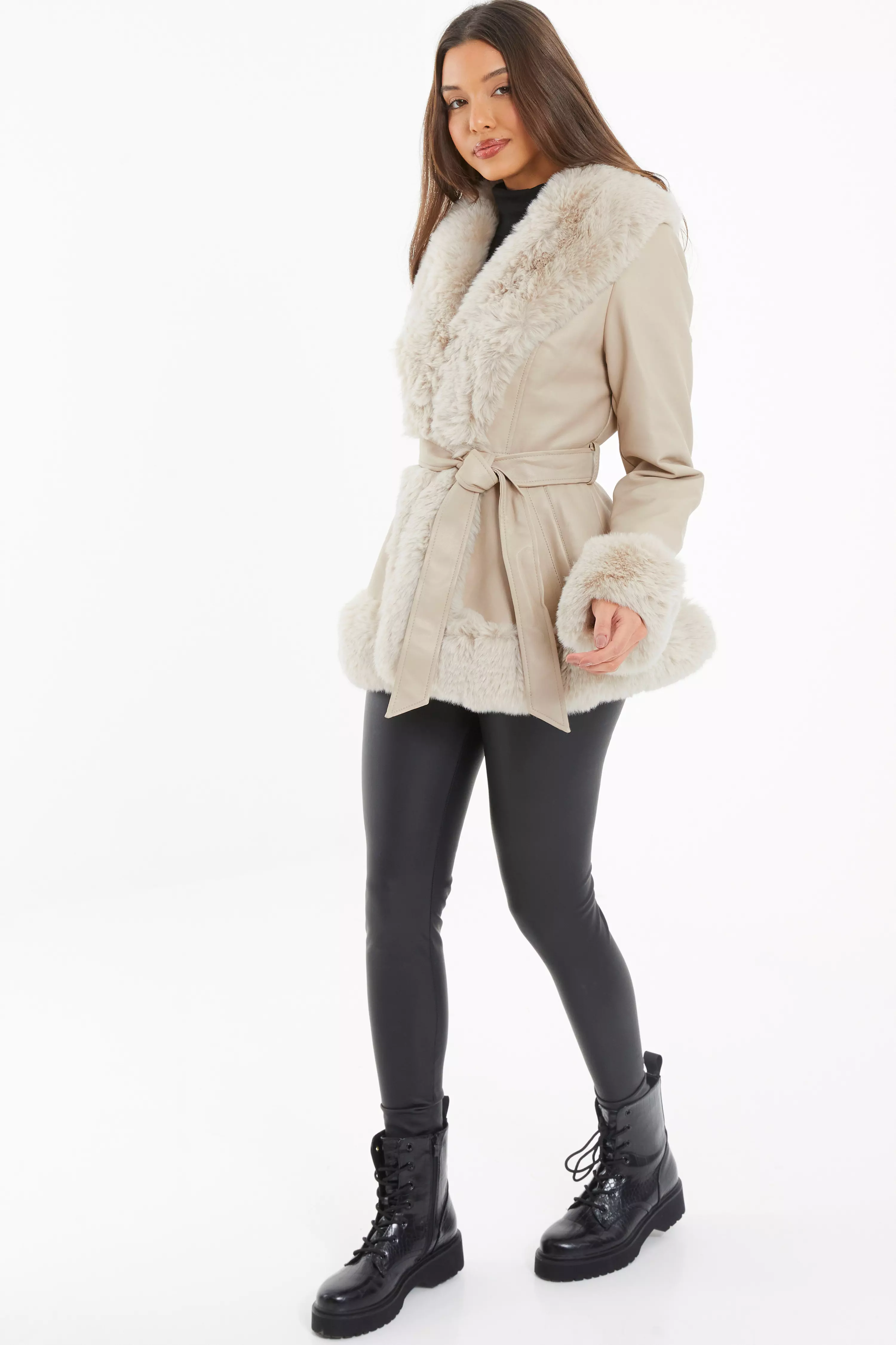 Stone Faux Fur Trim Belted Jacket