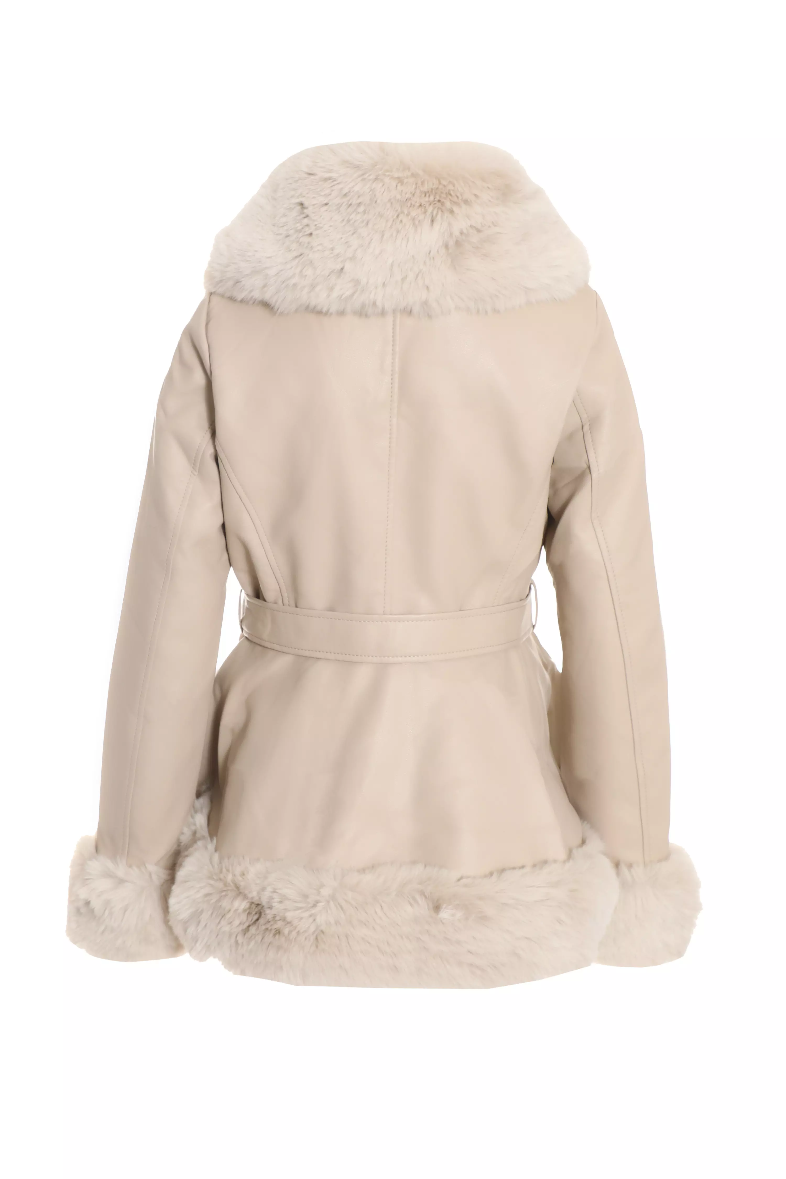 Stone Faux Fur Trim Belted Jacket