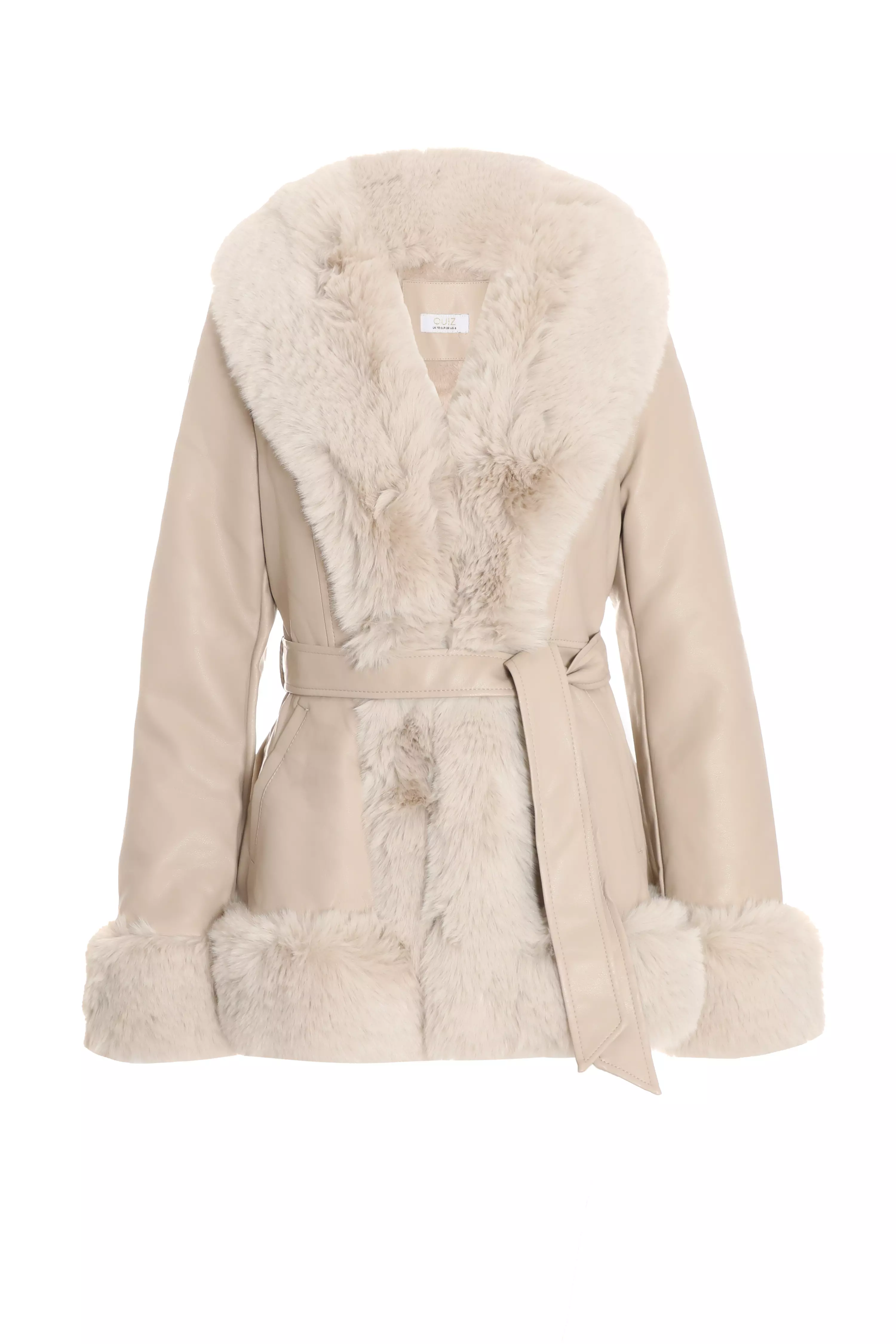 Stone Faux Fur Trim Belted Jacket