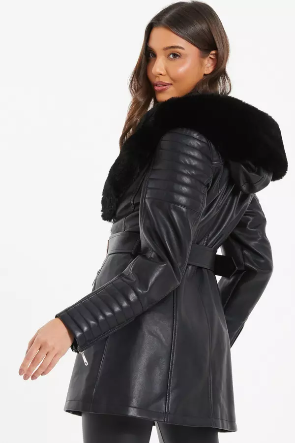 Black Faux Fur Trim Belted Jacket