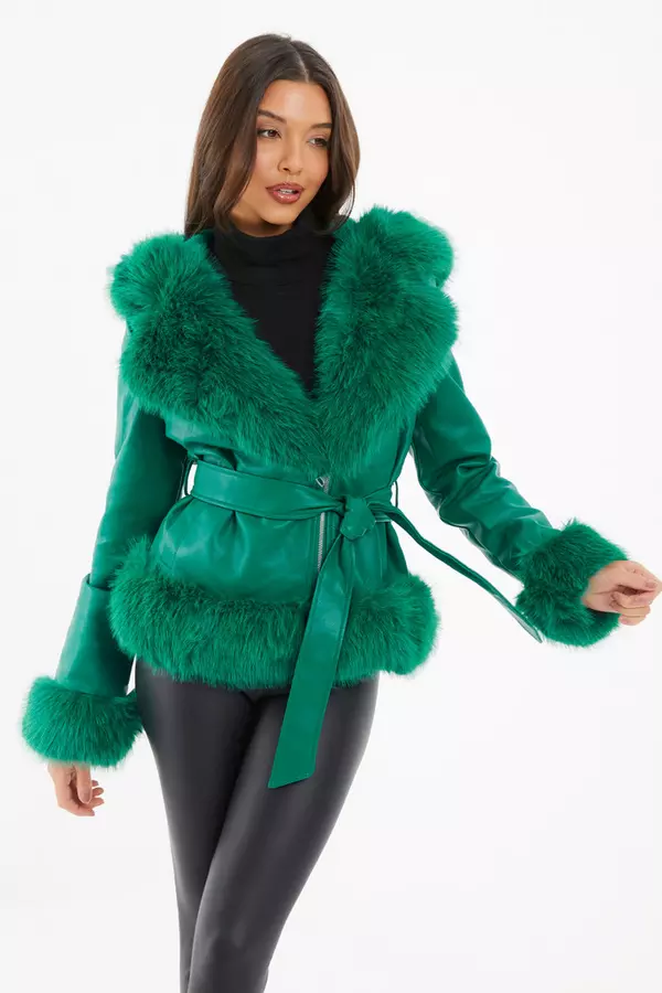 Green Faux Fur Trim Belted Jacket