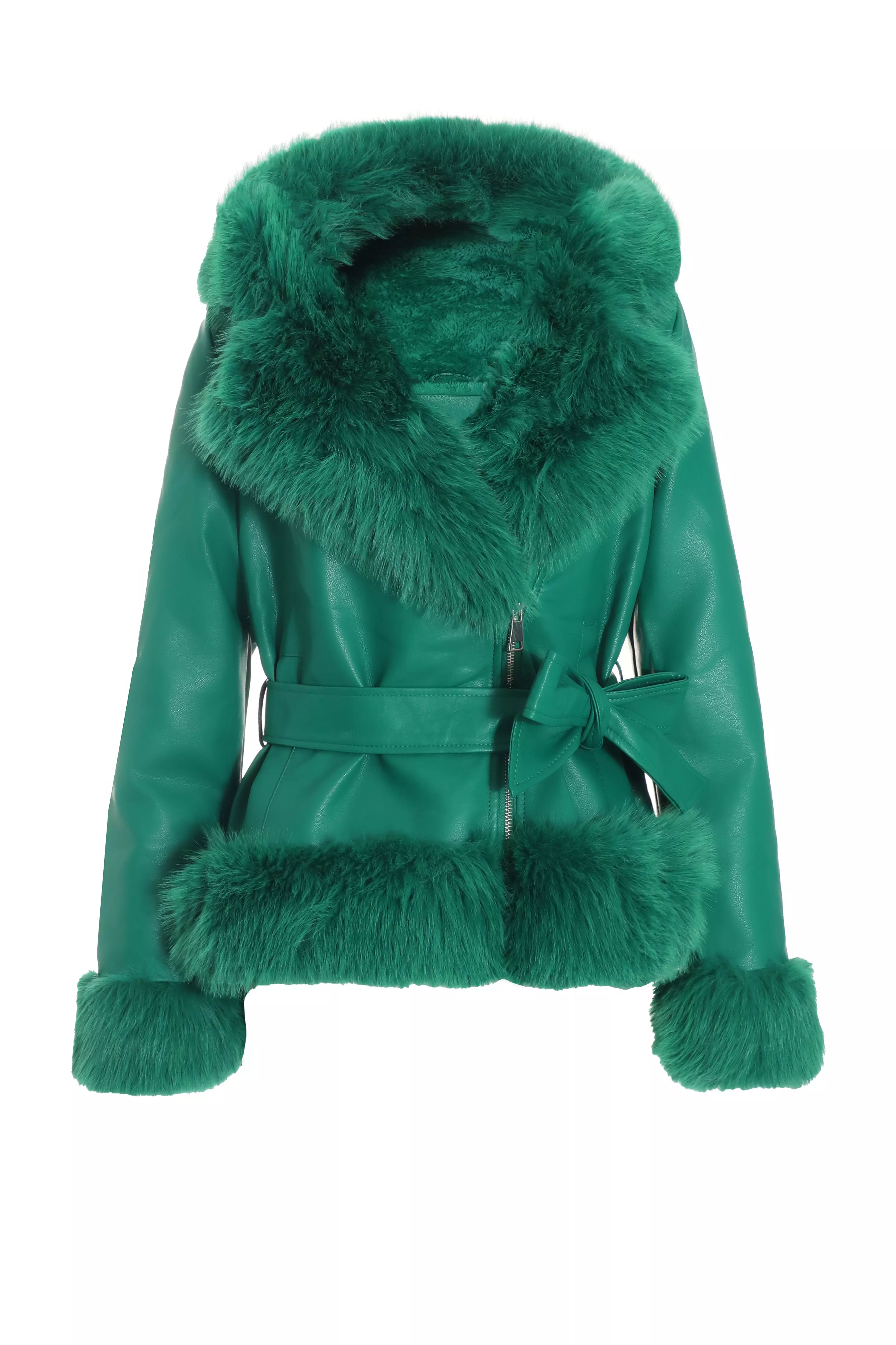 Green Faux Fur Trim Belted Jacket