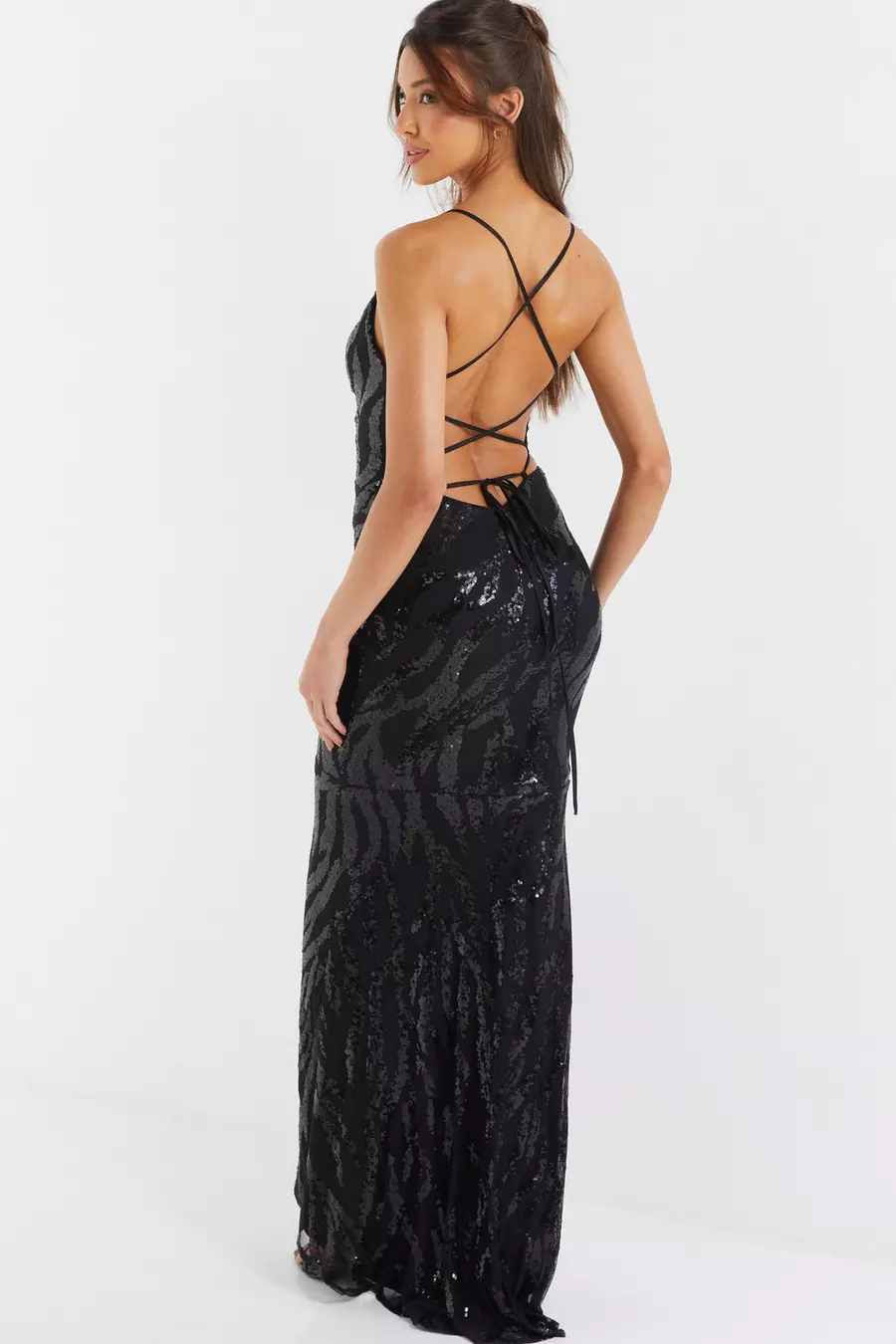 Black Sequin Cross Back Maxi Dress QUIZ Clothing