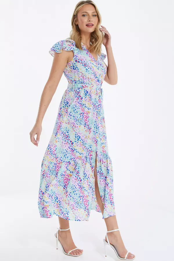 Multicoloured Animal Print Frill Sleeve Midi Dress