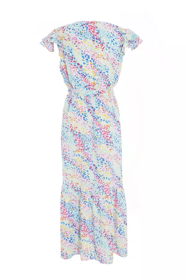 Multicoloured Animal Print Frill Sleeve Midi Dress