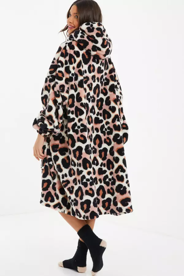 Brown Leopard Print Fleece Blanket Hoodie