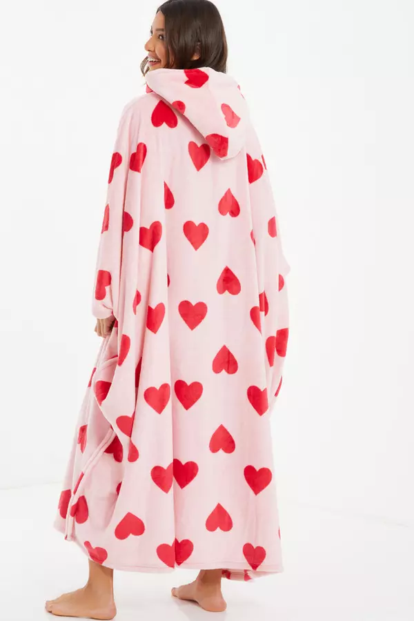 Pink Heart Print Blanket Hoodie