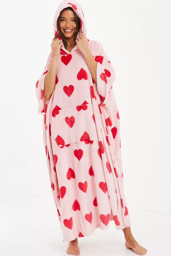Pink Heart Print Blanket Hoodie