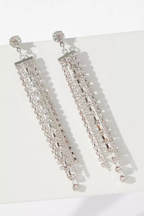 Silver Diamante Drop Fringe Earrings