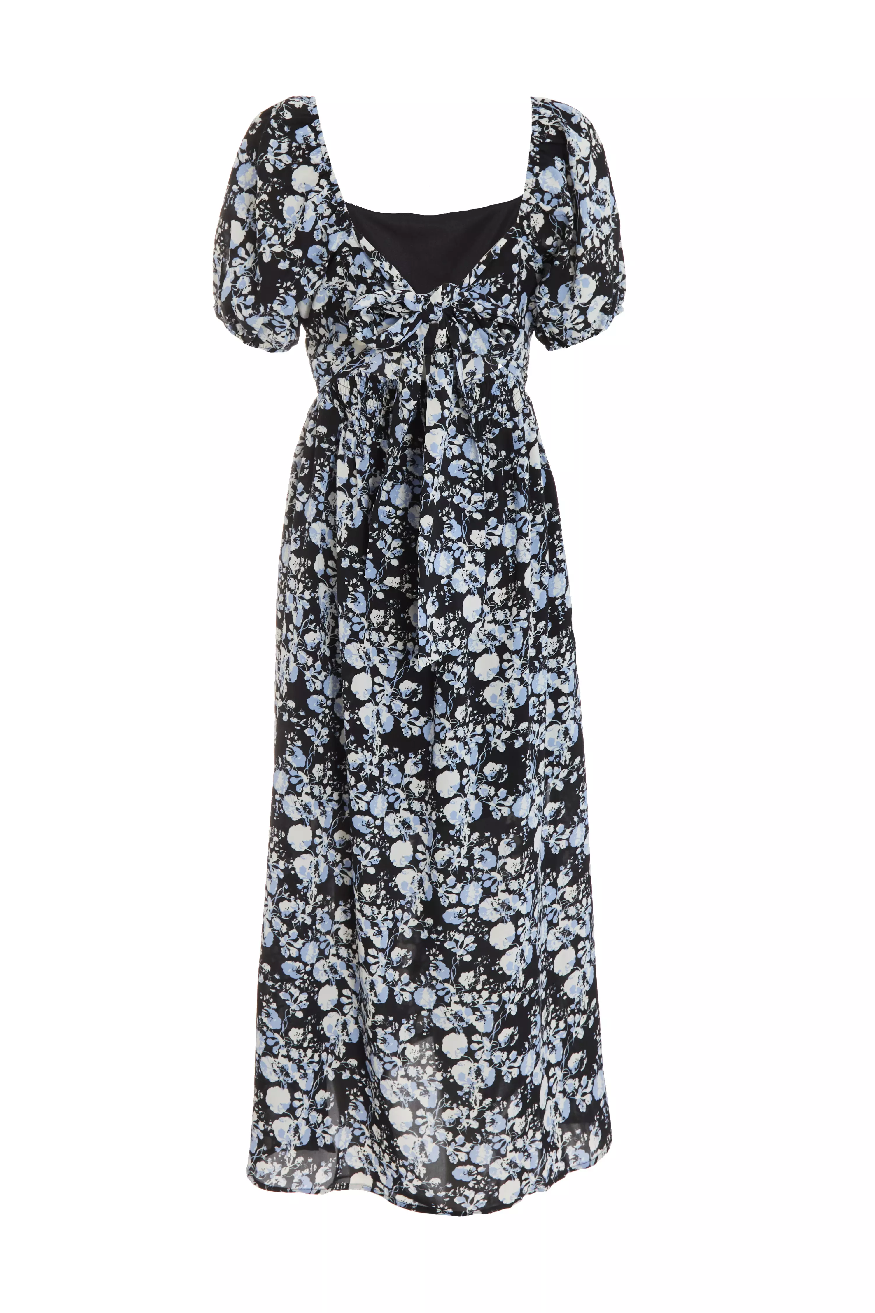 Black Floral Puff Sleeve Midi Dress