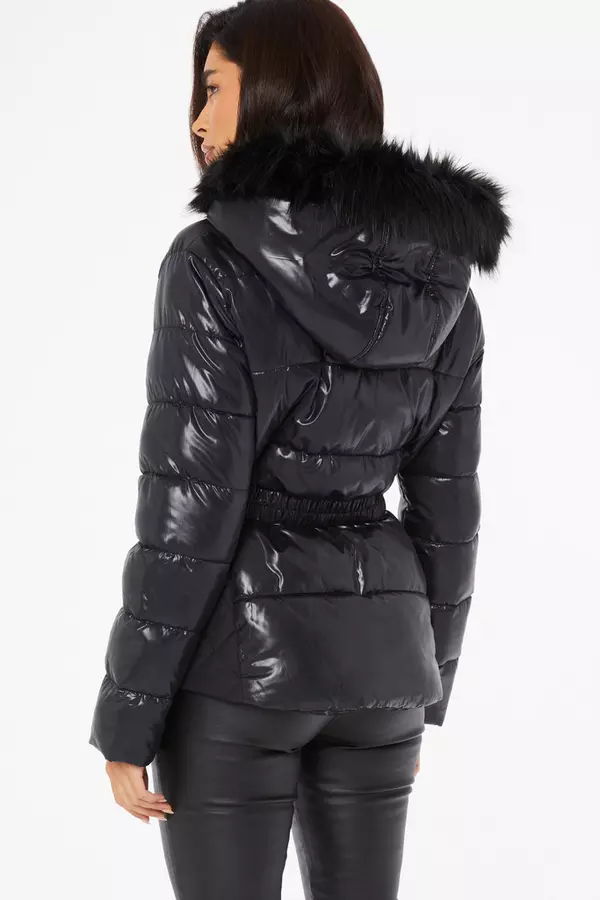 Black Shiny Faux Leather Belted Jacket