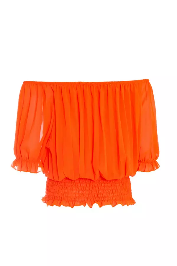 Orange Pleated Bardot Top