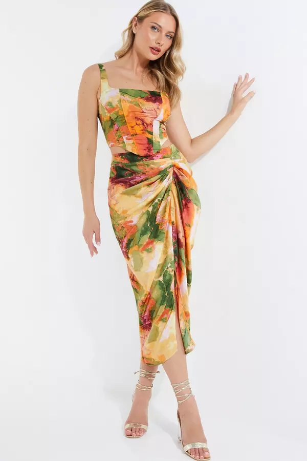Multicoloured Satin Marble Print Ruched Midi Skirt