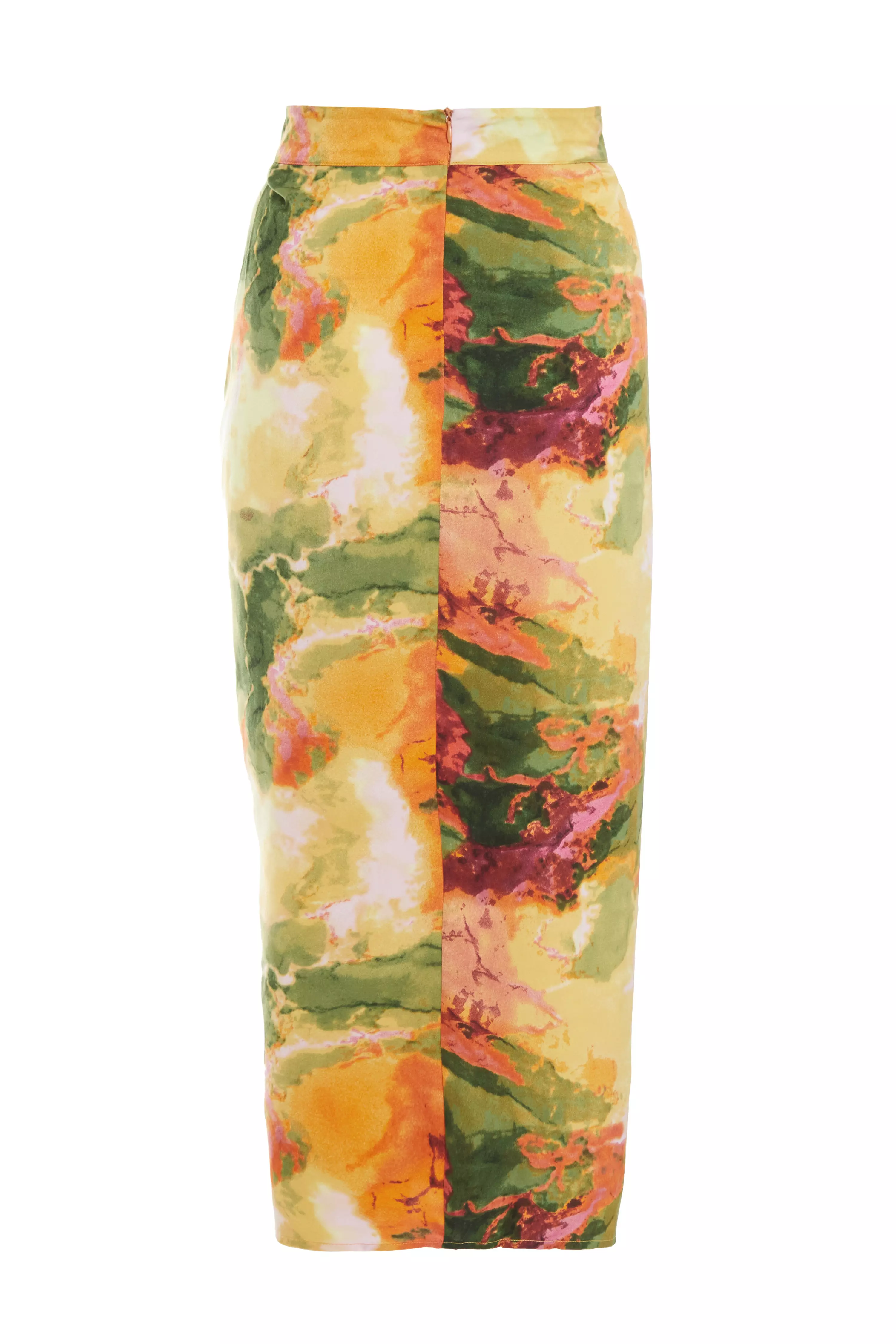 Multicoloured Satin Marble Print Ruched Midi Skirt