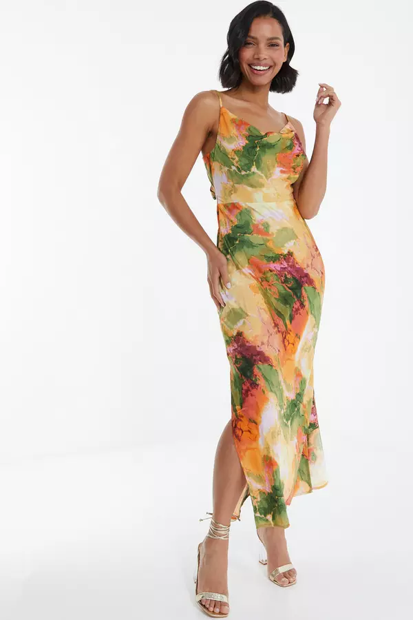 Multicoloured Satin Marble Print Midaxi Dress