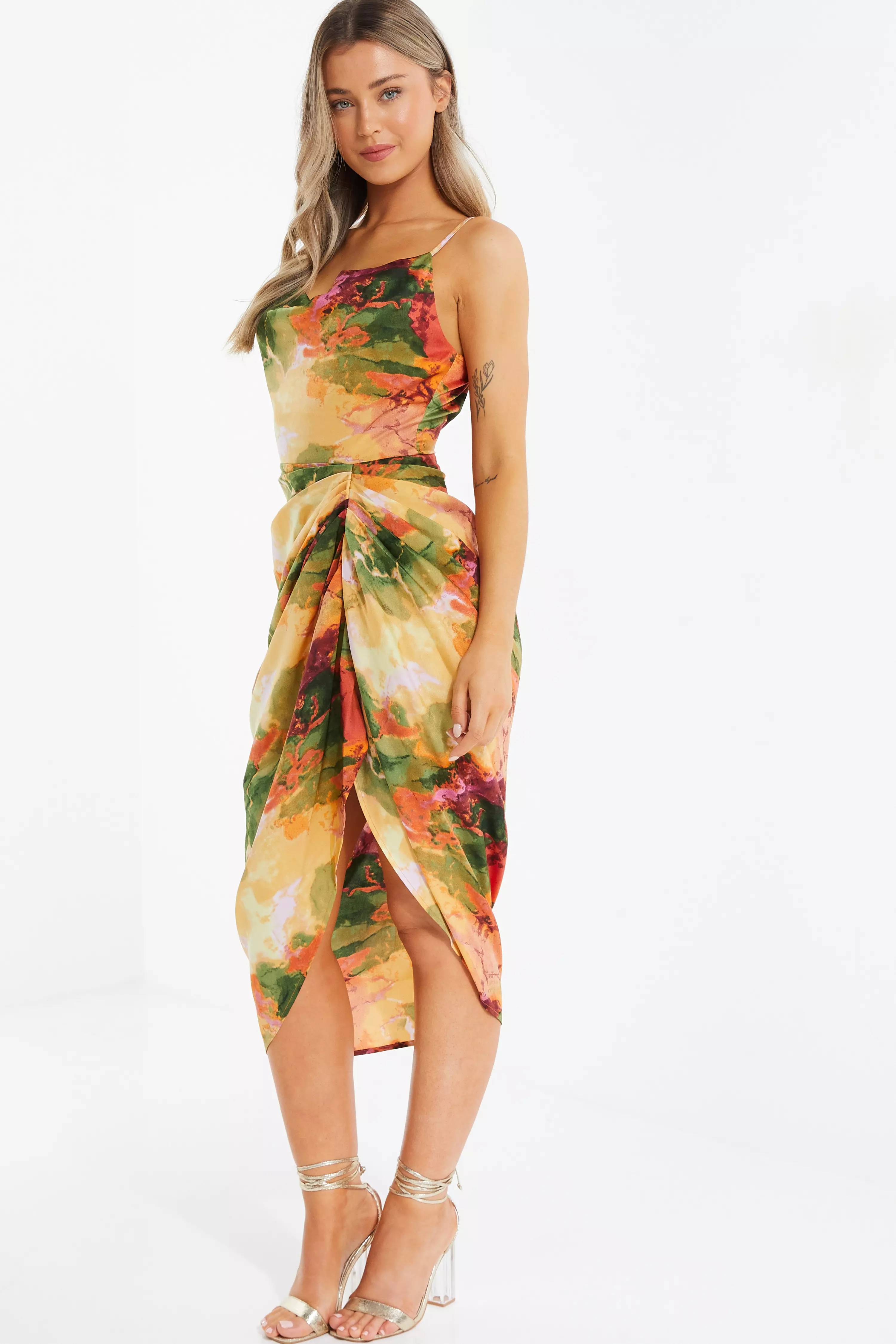 Multicoloured Satin Marble Print Ruched Midi Dress