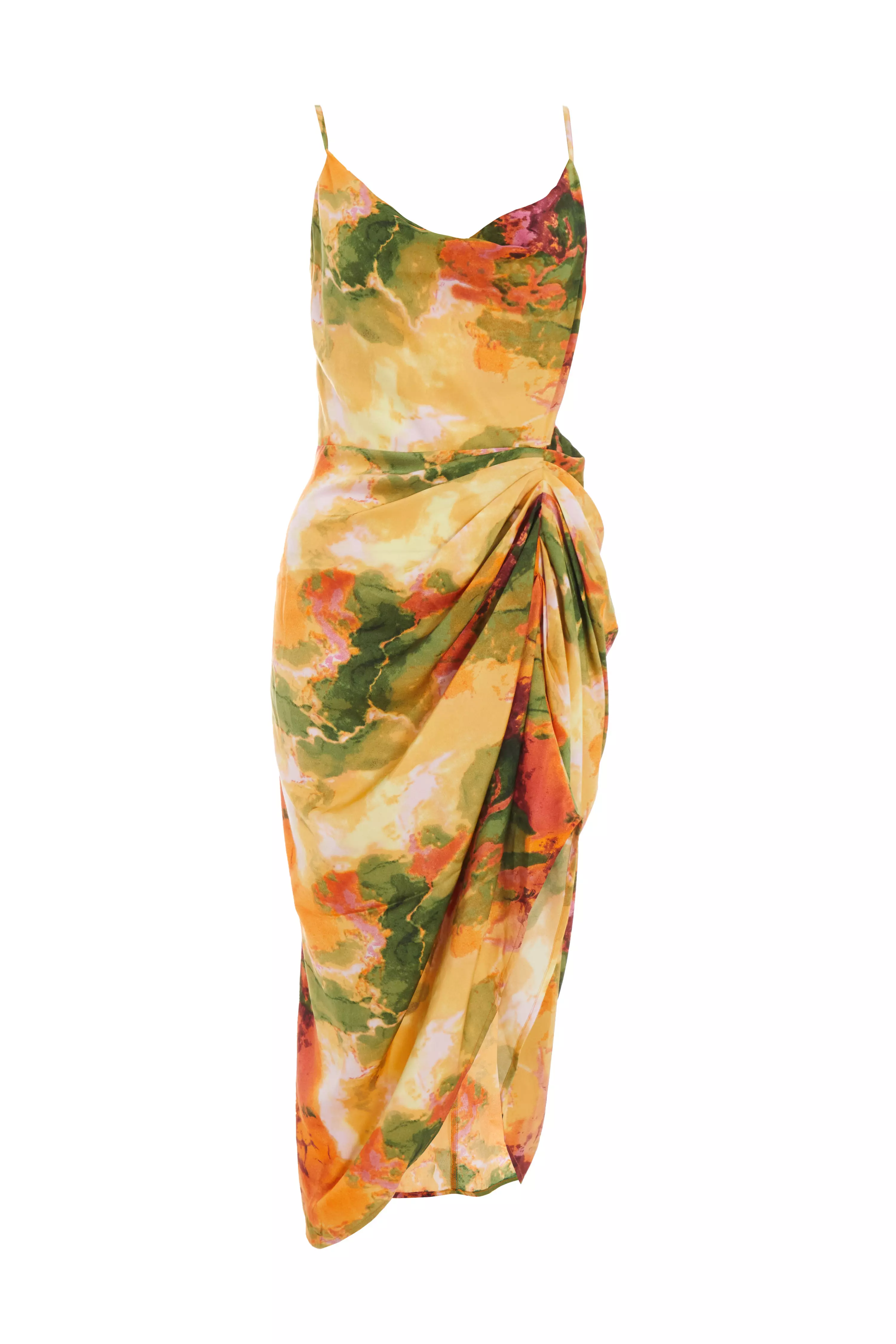 Multicoloured Satin Marble Print Ruched Midi Dress