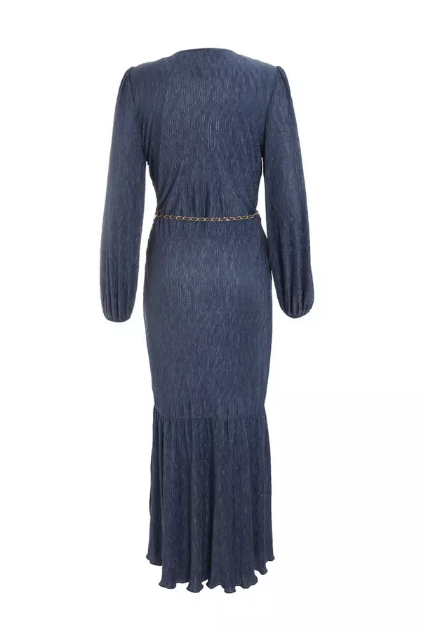 Blue Textured Long Sleeve Midi Dress