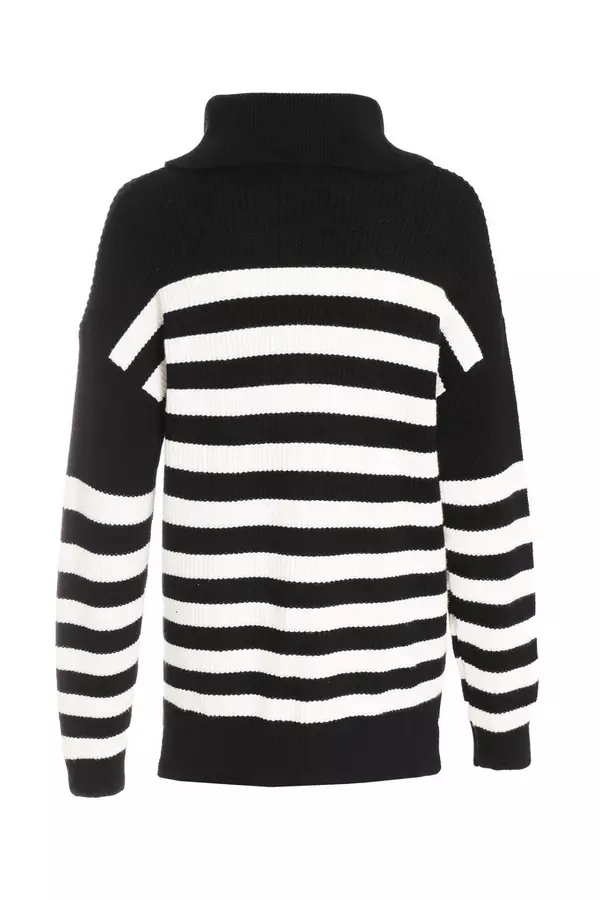 Black Knitted Stripe Zip Jumper